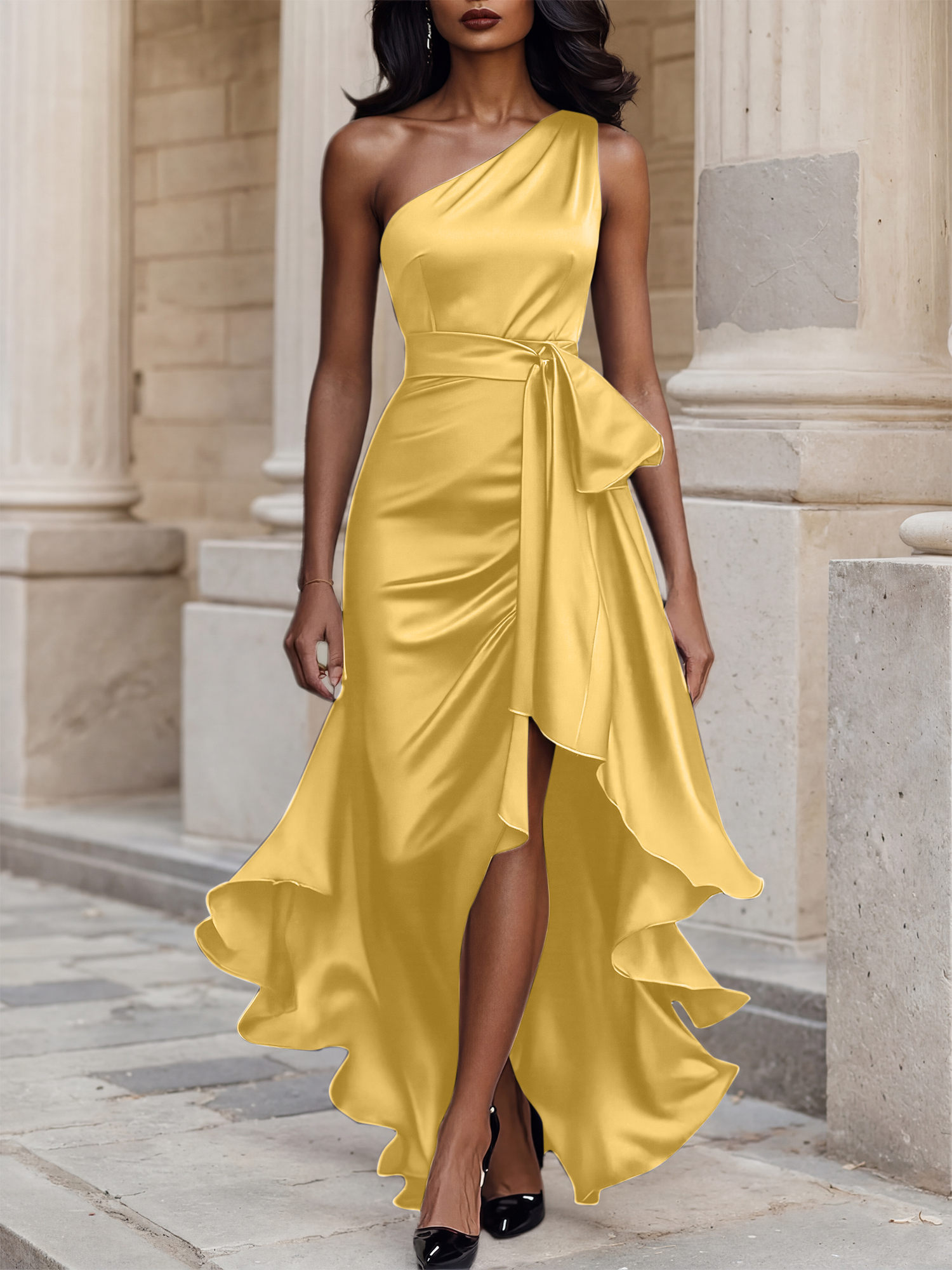 Glamorous Formal Dress Midnight Navy One Shoulder High-Low Satin Gown Midi Dress