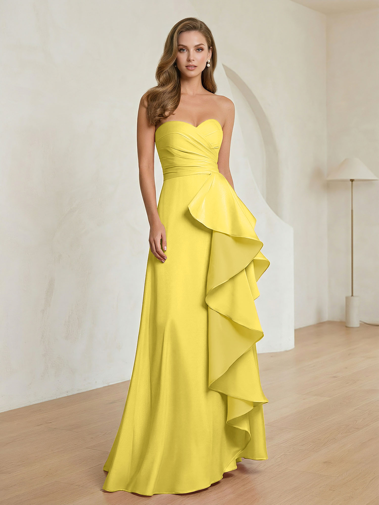 Formal Evening Dress Blush Strapless Ruffle Maxi Dress Gown