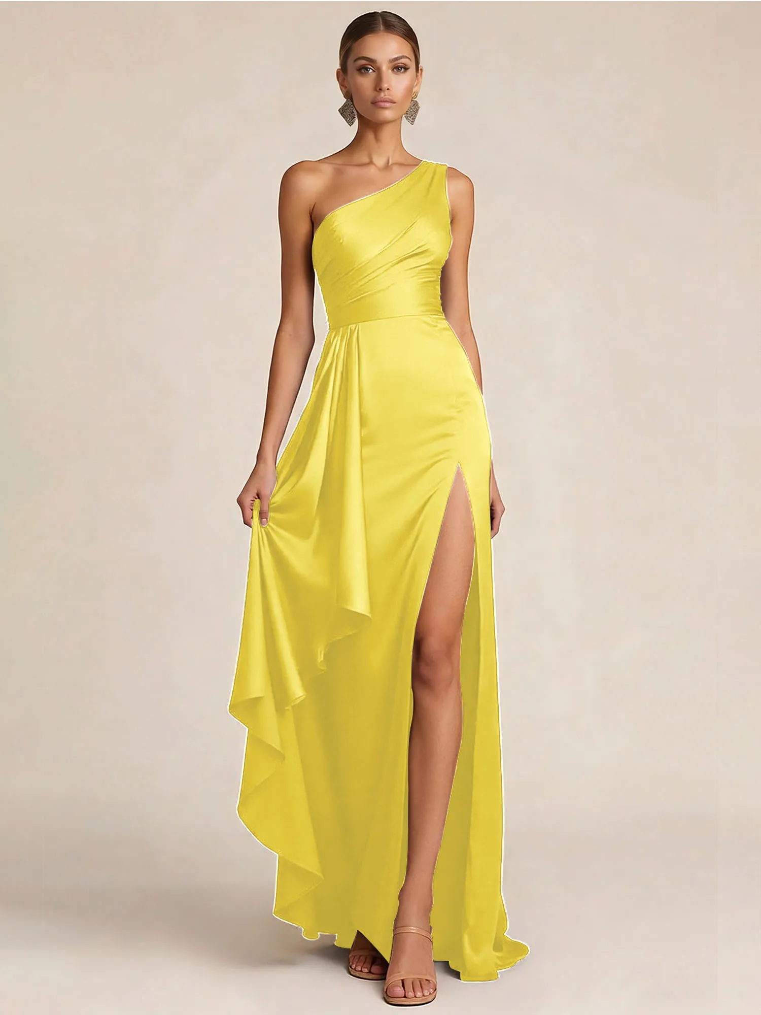 Sleek Foraml Evening Gown Midnight Navy One-Shoulder Satin Slit Maxi Dress