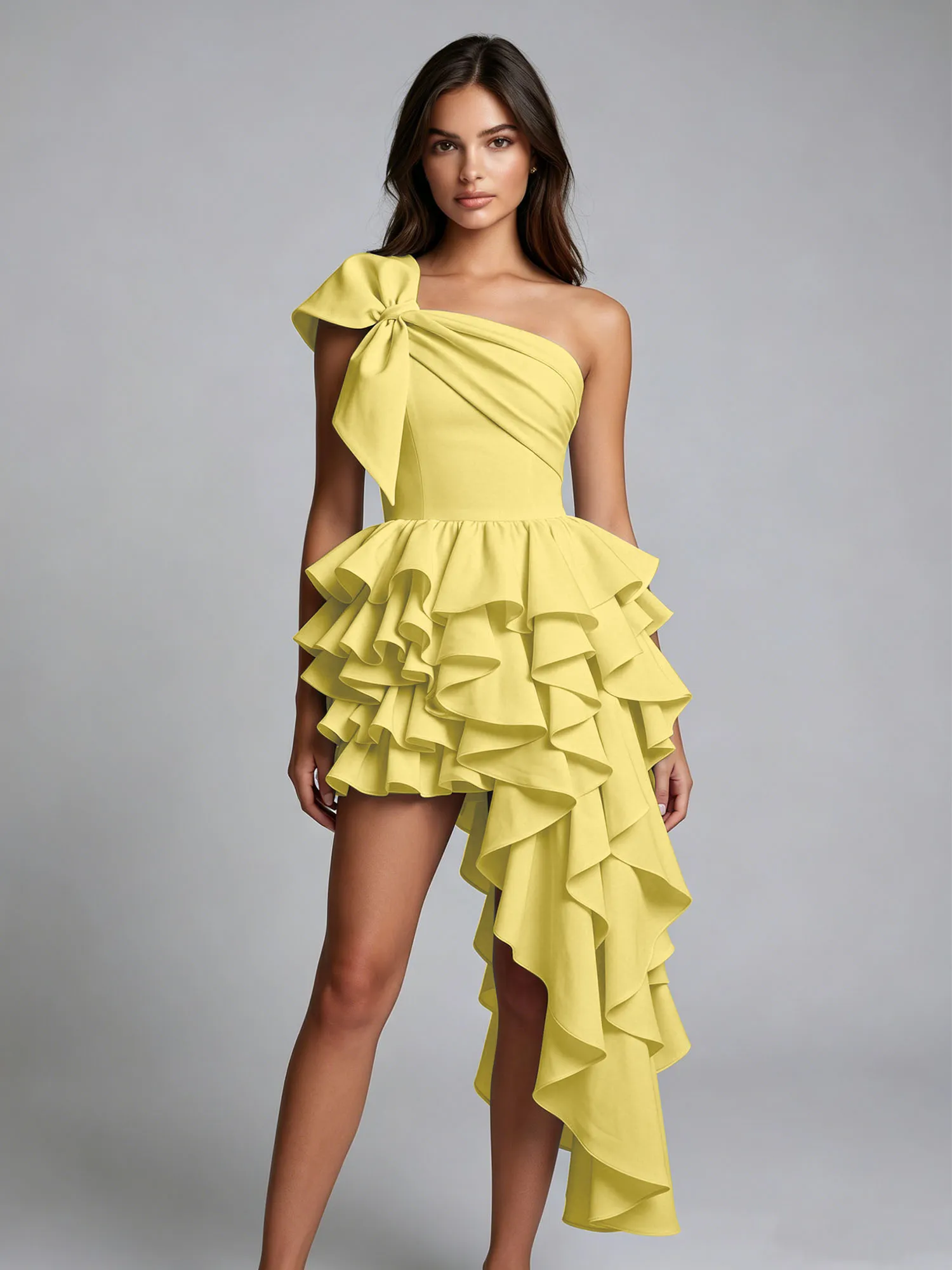 One-Shoulder Bow Tiered Ruffle Asymmetrical Homecoming Dress