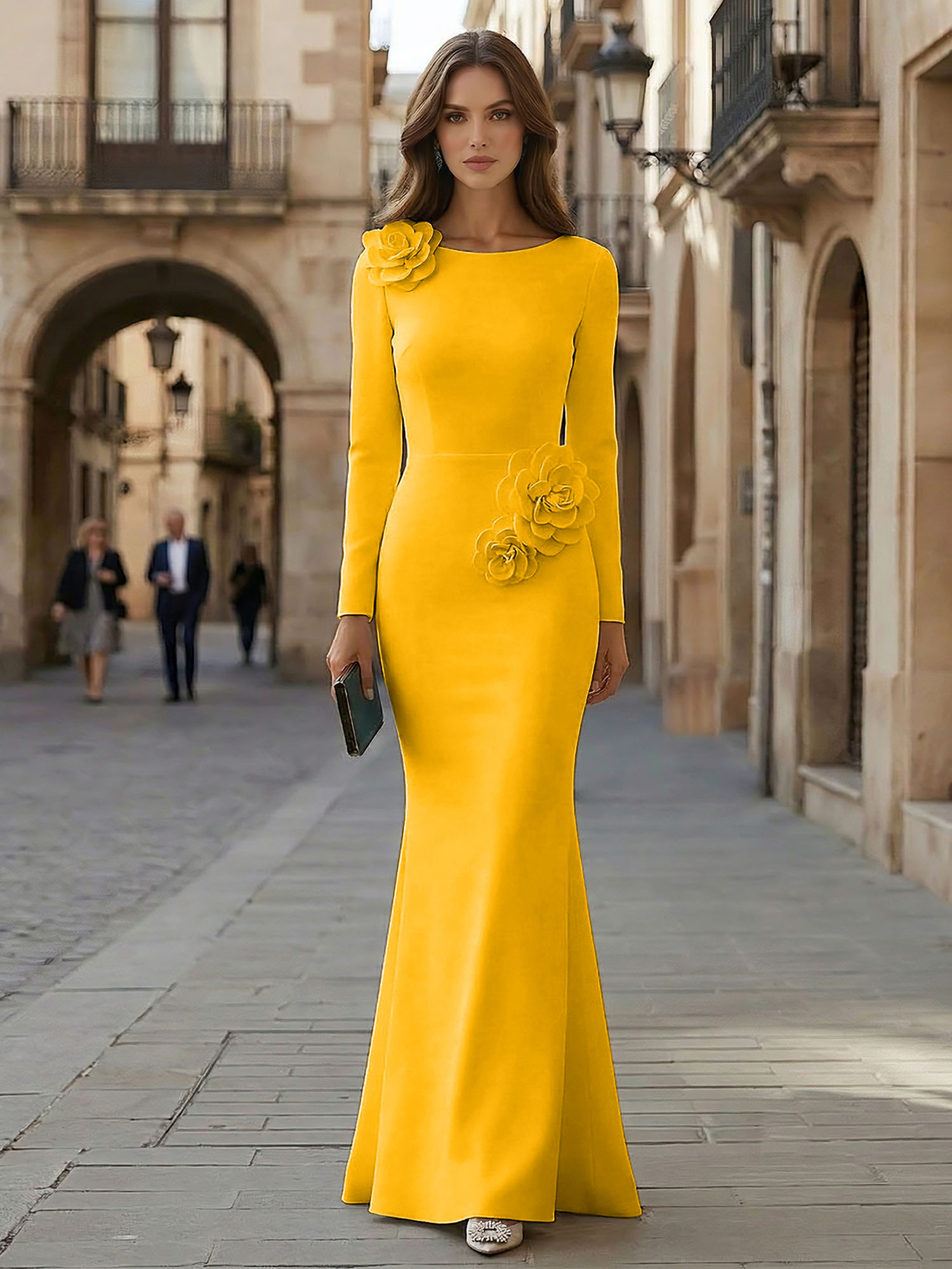 Elegant Pure White Formal Evening Dress Long-Sleeve 3D Floral Crepe Maxi Dress Gown