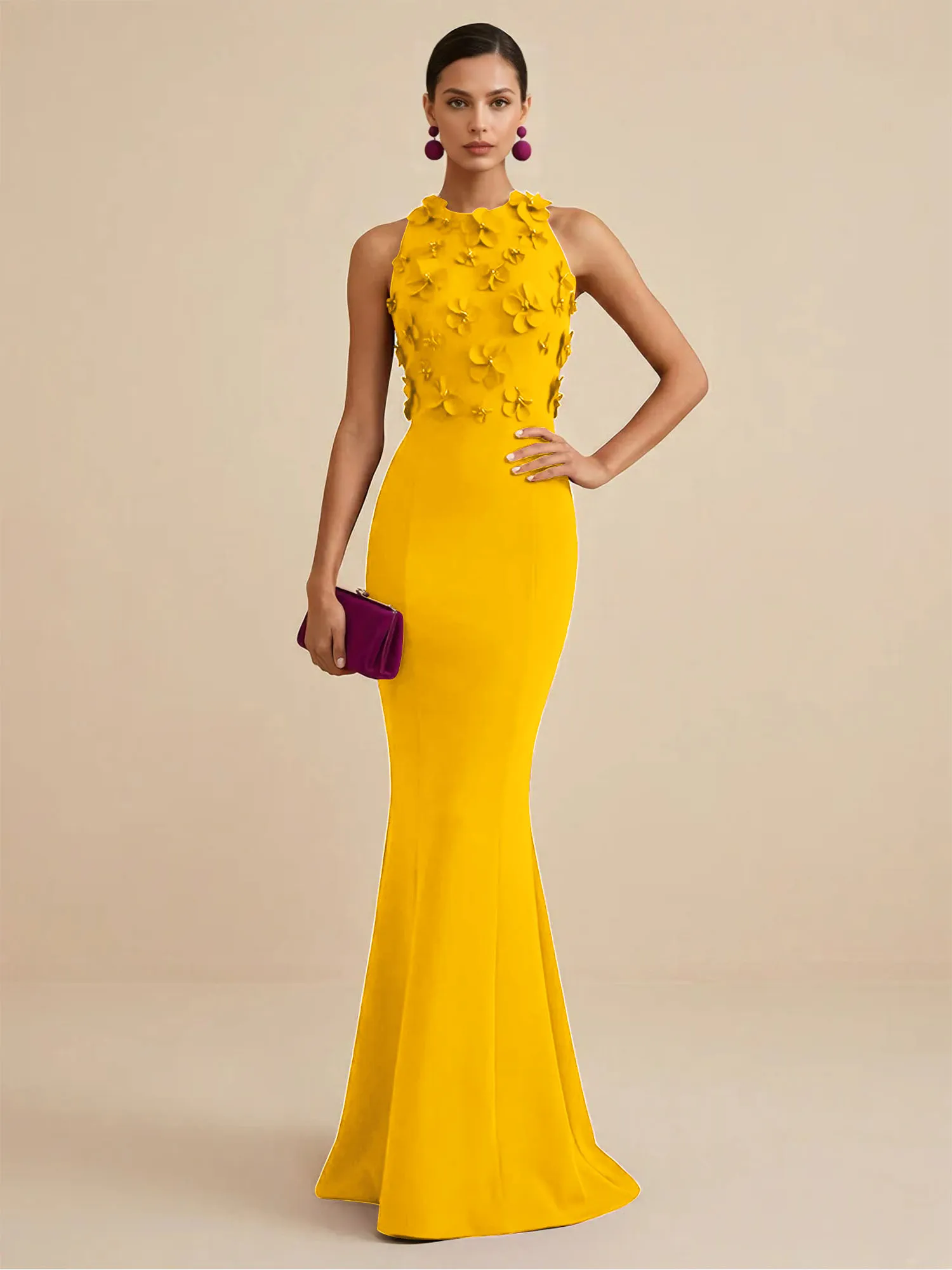 Scoop Neck 3D Floral Appliqué Crepe Mermaid Evening Gown