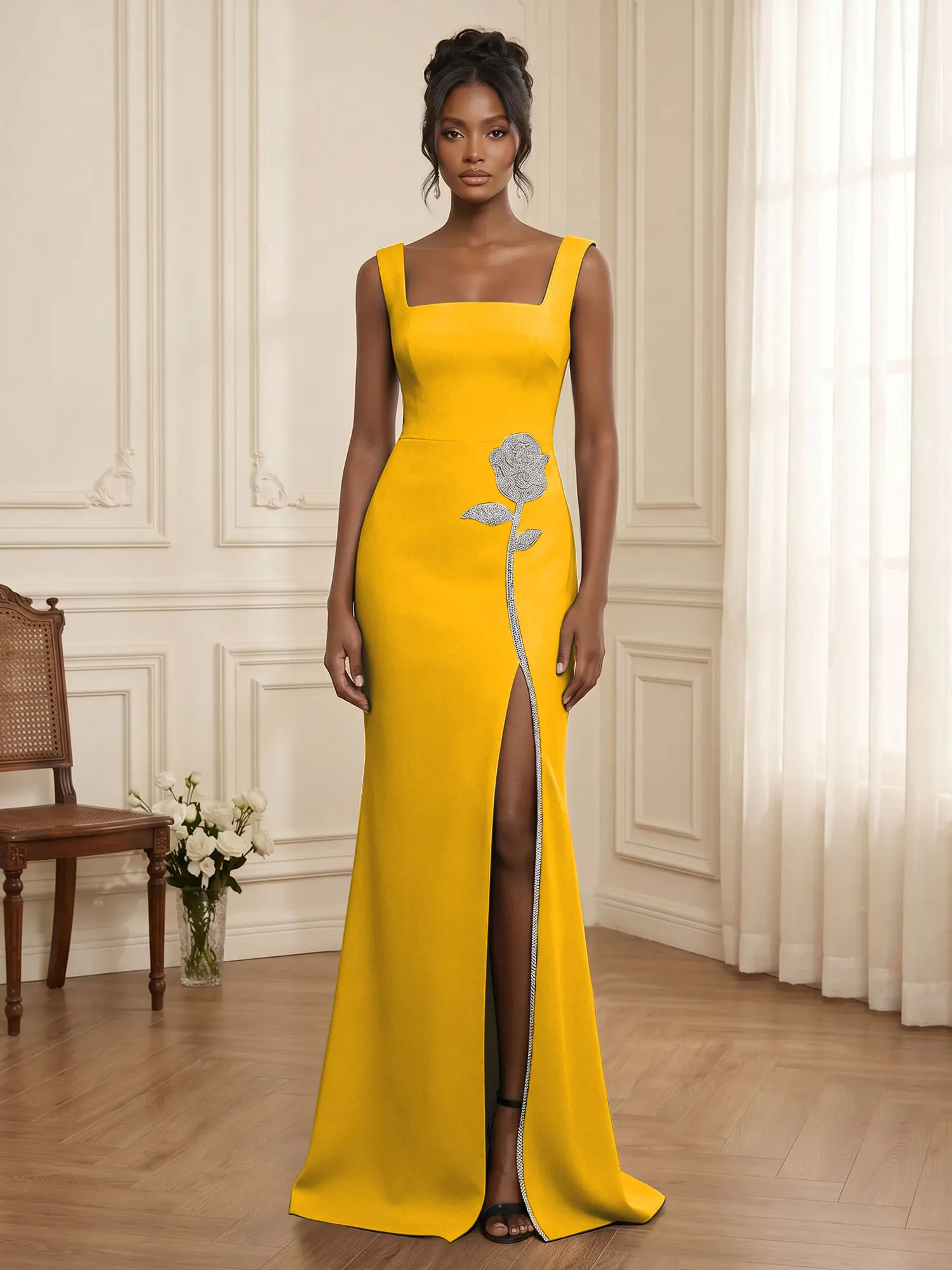 Square Neck Crystal Rose Appliqué Crepe Mermaid Evening Gown