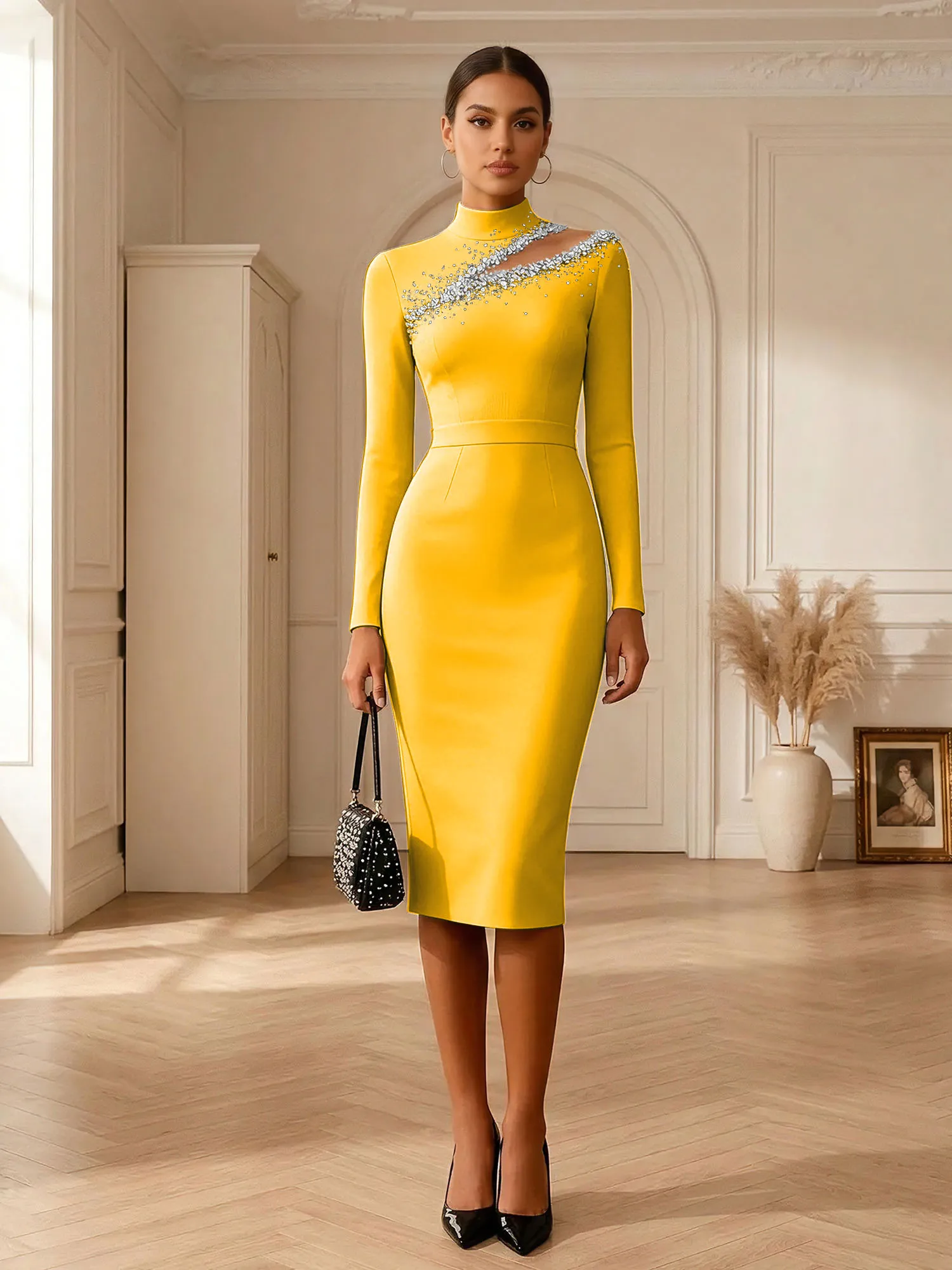 High Neck Cutout Rhinestone Knit Midi Evening Dress