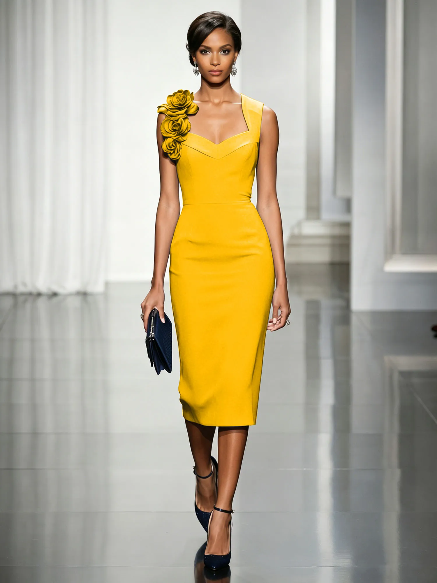 Asymmetric Neckline Crepe Midi Dress with 3D Floral Appliqué