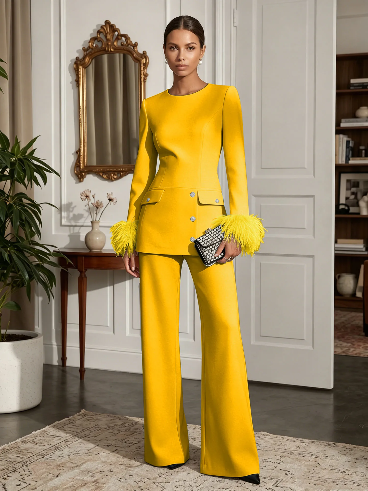 Scoop Neck Feather Cuff Tailored Evening Pant Suit