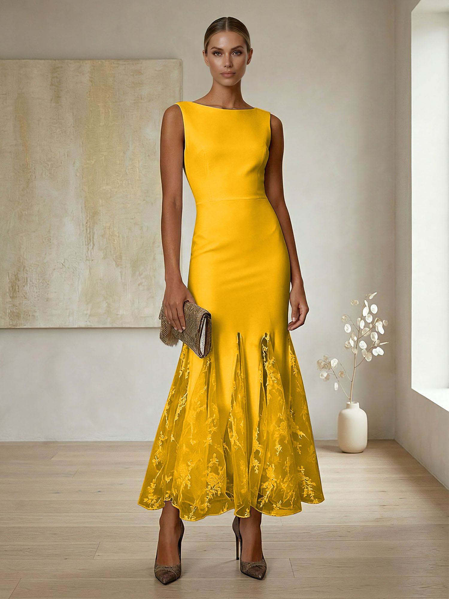 Elegant Formal Evening Gown Lilac Sleeveless Midi Dress with Embroidered Lace Godets