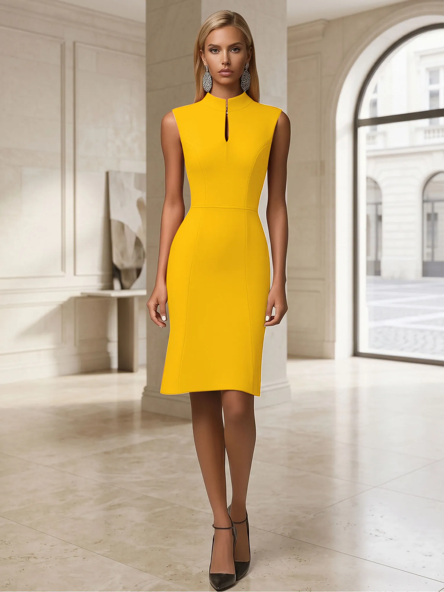 Stand Collar Keyhole Neck Crepe Sheath Evening Dress