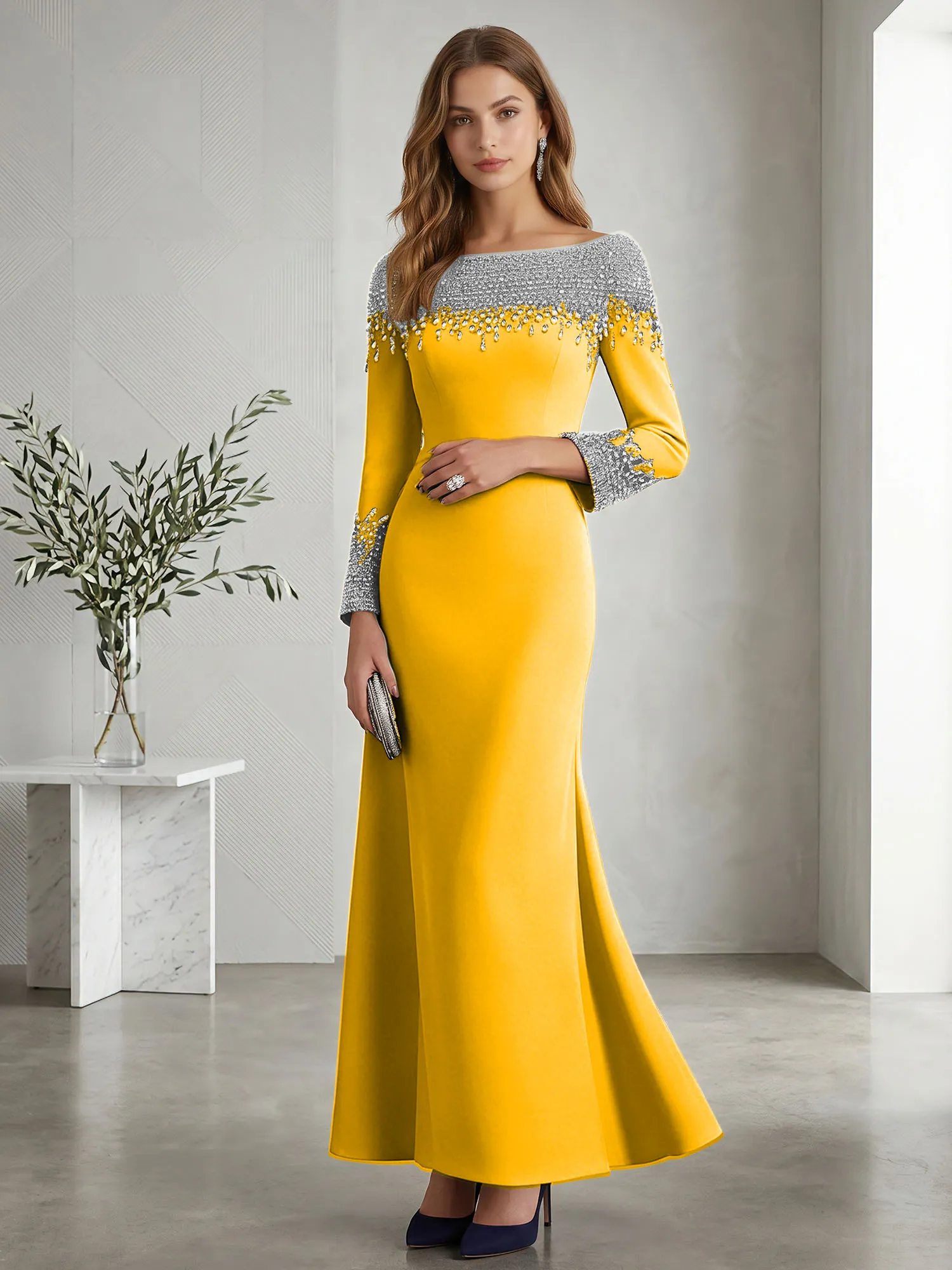 Beaded Off-the-Shoulder Long Sleeve Mermaid Evening Gown