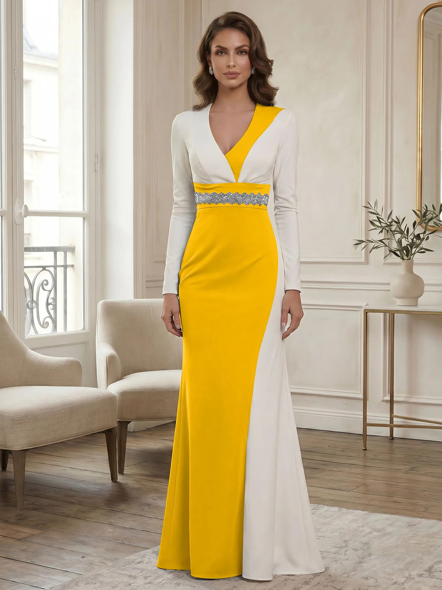 Two-Tone Long Sleeve Mermaid Evening Gown with Beaded Waistband