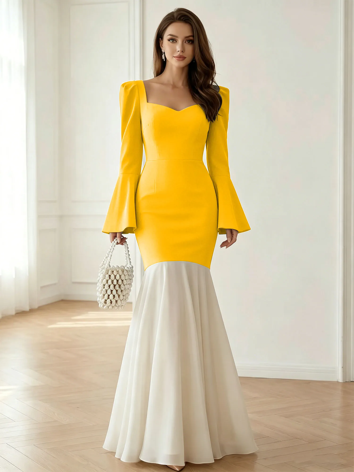 Sweetheart Neck Bell Sleeve Two-Tone Mermaid Evening Gown