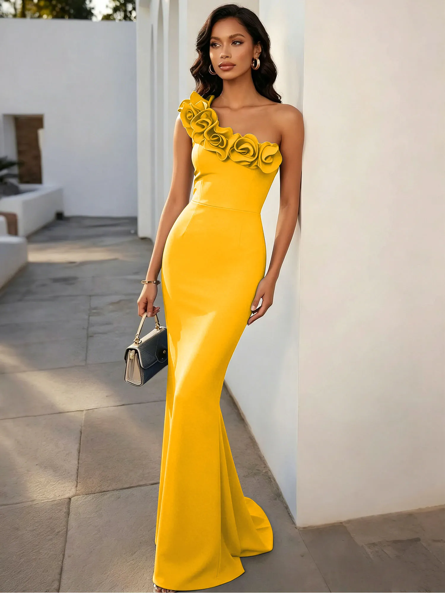 One-Shoulder 3D Floral Mermaid Evening Gown