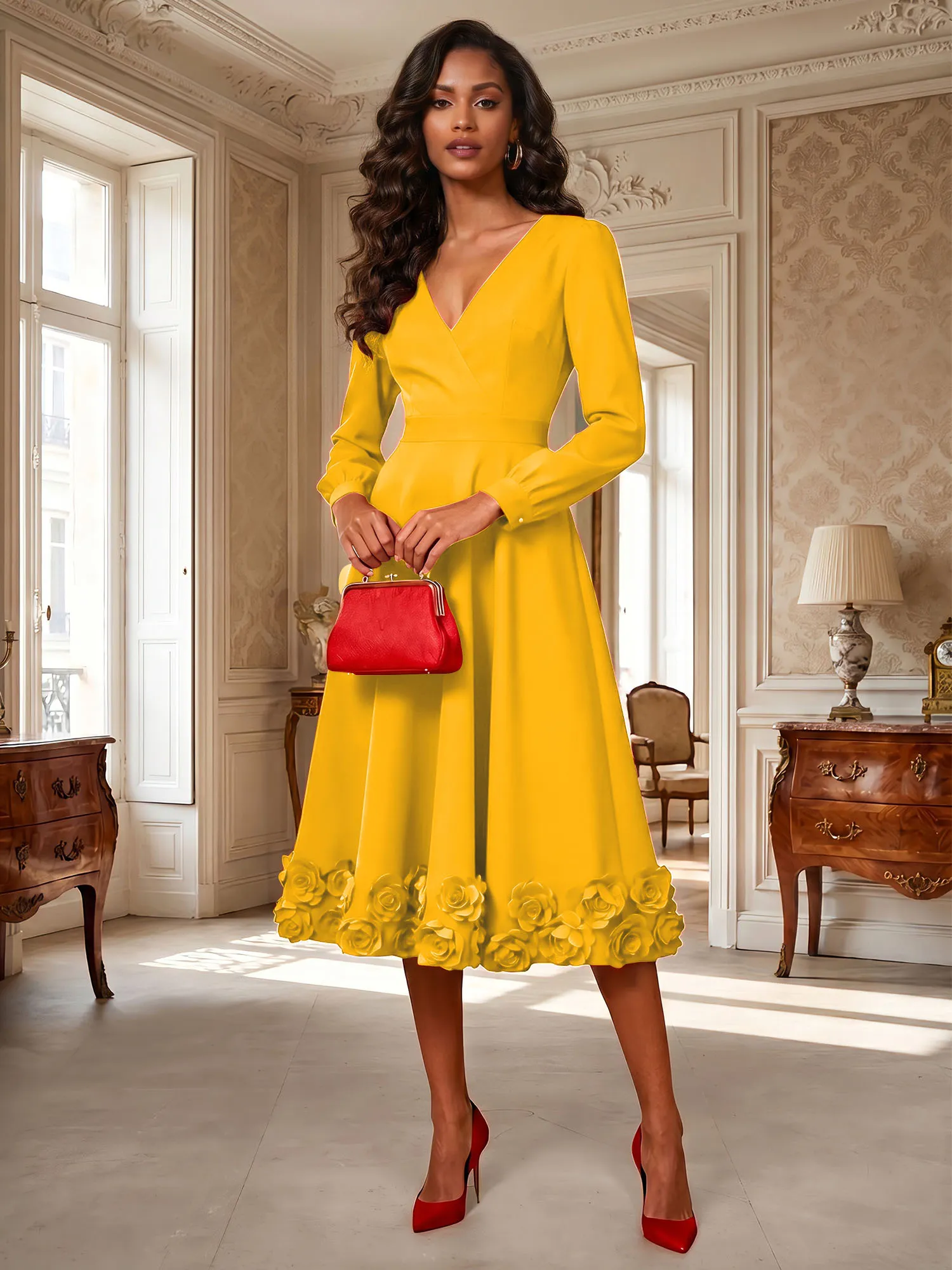 V-Neck Long Sleeve A-Line Midi Evening Dress with 3D Floral Hem