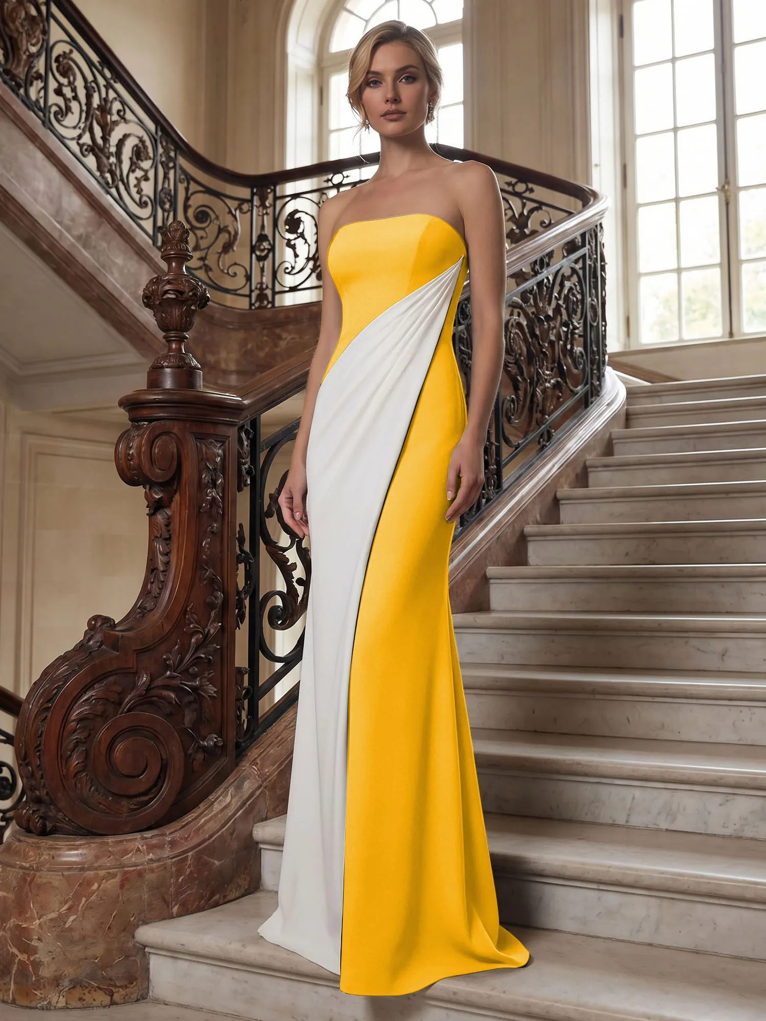 Strapless Two-Tone Draped Mermaid Evening Gown