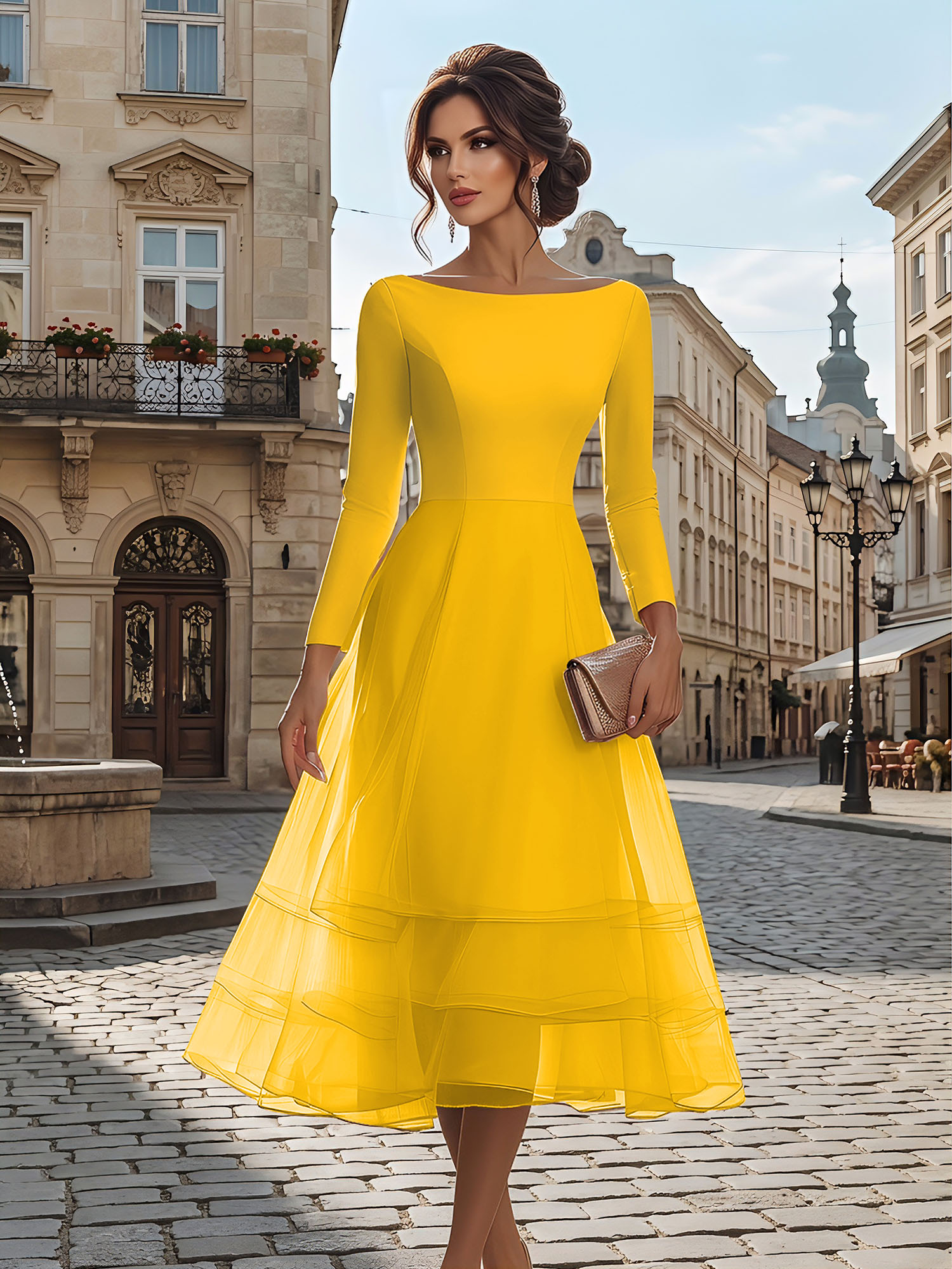 Timeless Evening Foraml Gown Blush Pink Long-Sleeve Layered Organza Midi Dress