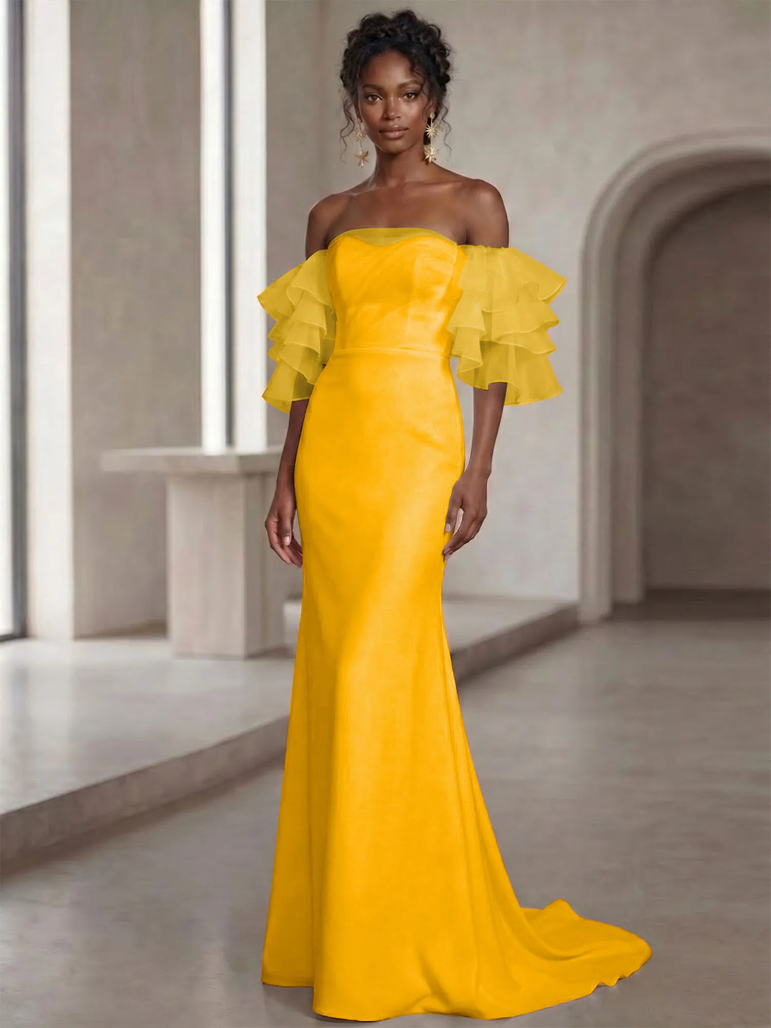 Off-the-Shoulder Tiered Organza Sleeve Mermaid Evening Gown