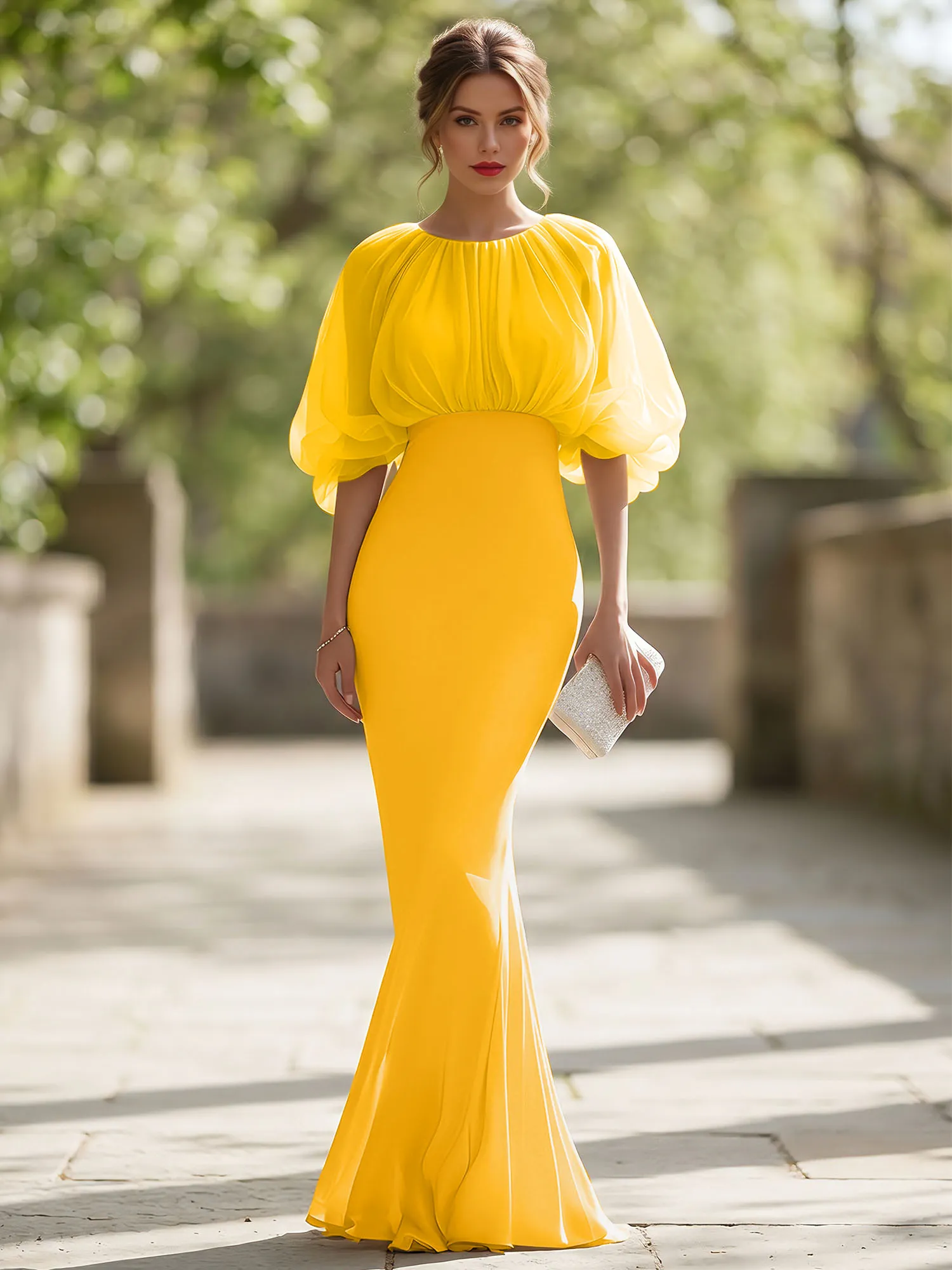 Bateau Neck Organza Bubble Sleeve Mermaid Evening Gown