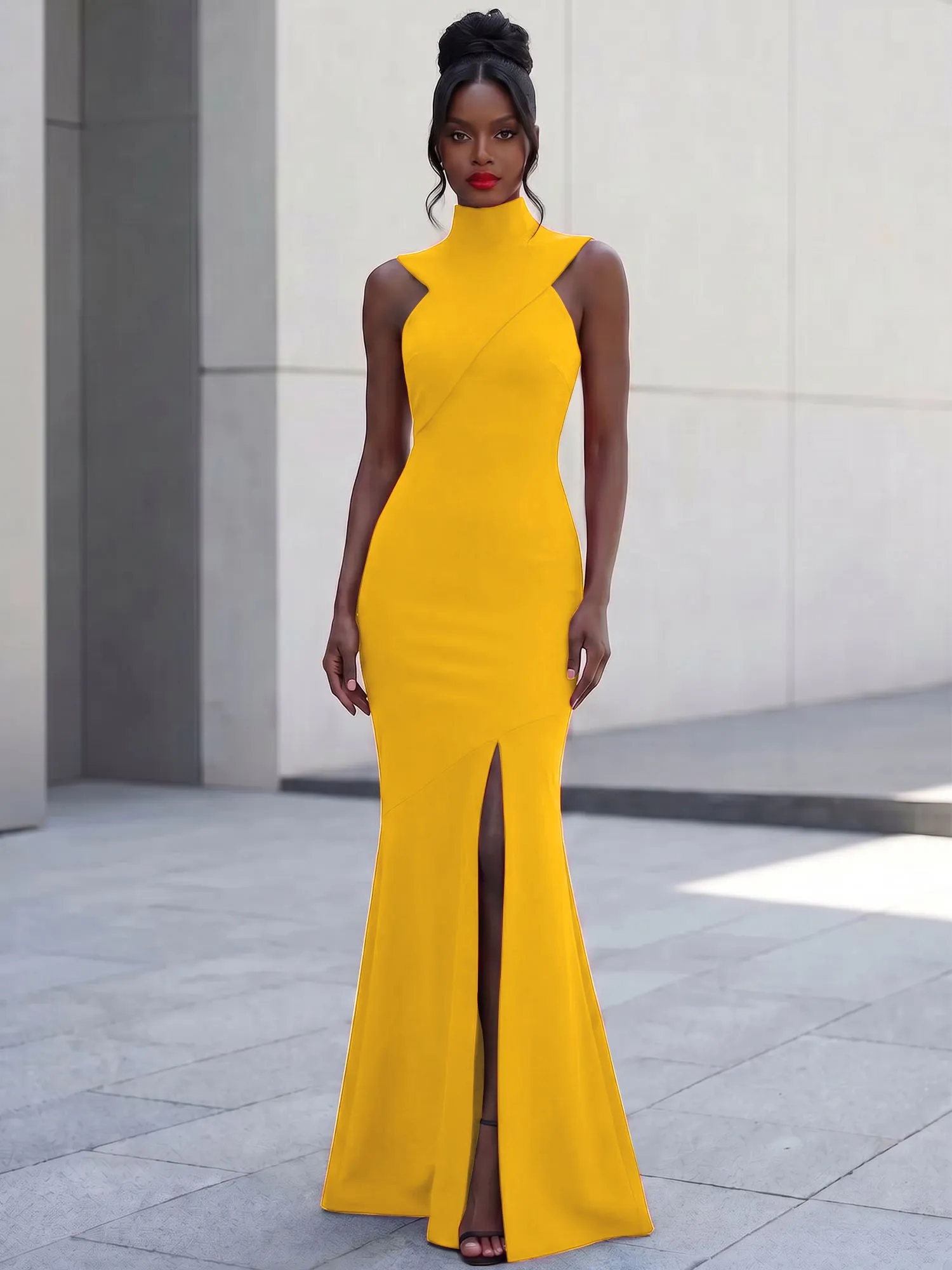 High Neck Asymmetric Cutout Mermaid Evening Gown
