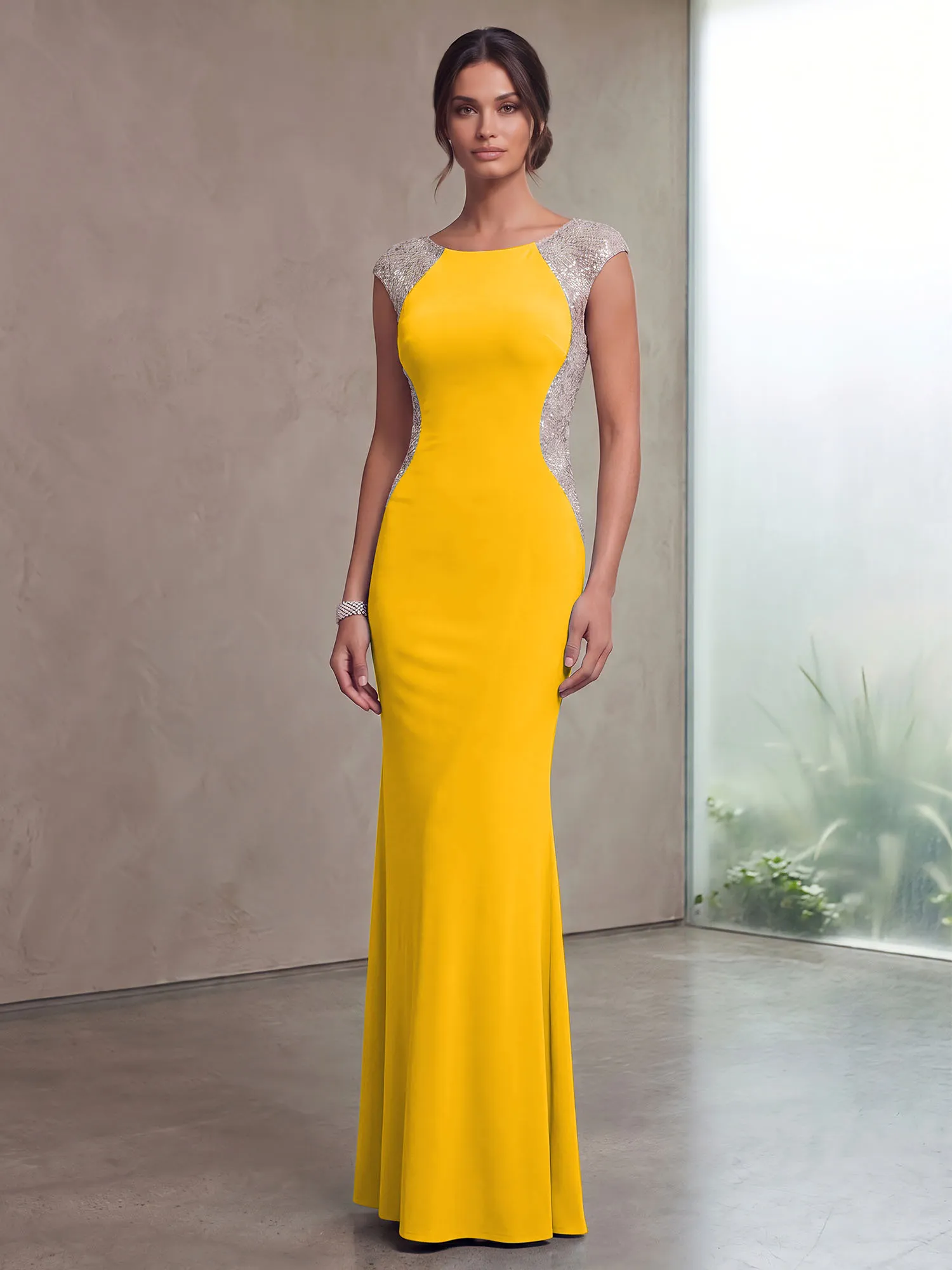 Bateau Neck Sequins Cap Sleeve Mermaid Evening Gown