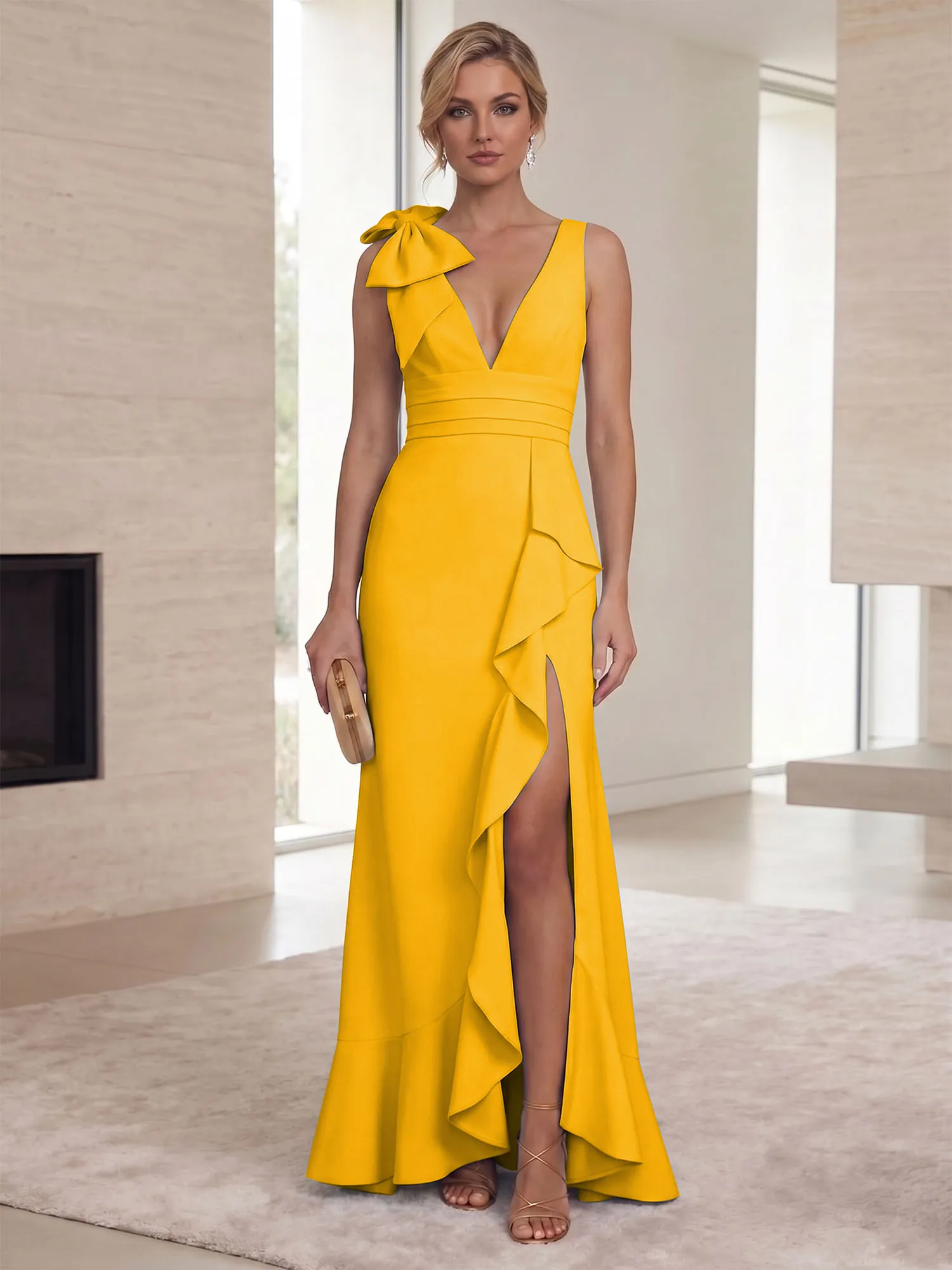 Deep V-Neck Bow-Shoulder Ruffle Slit Mermaid Evening Gown