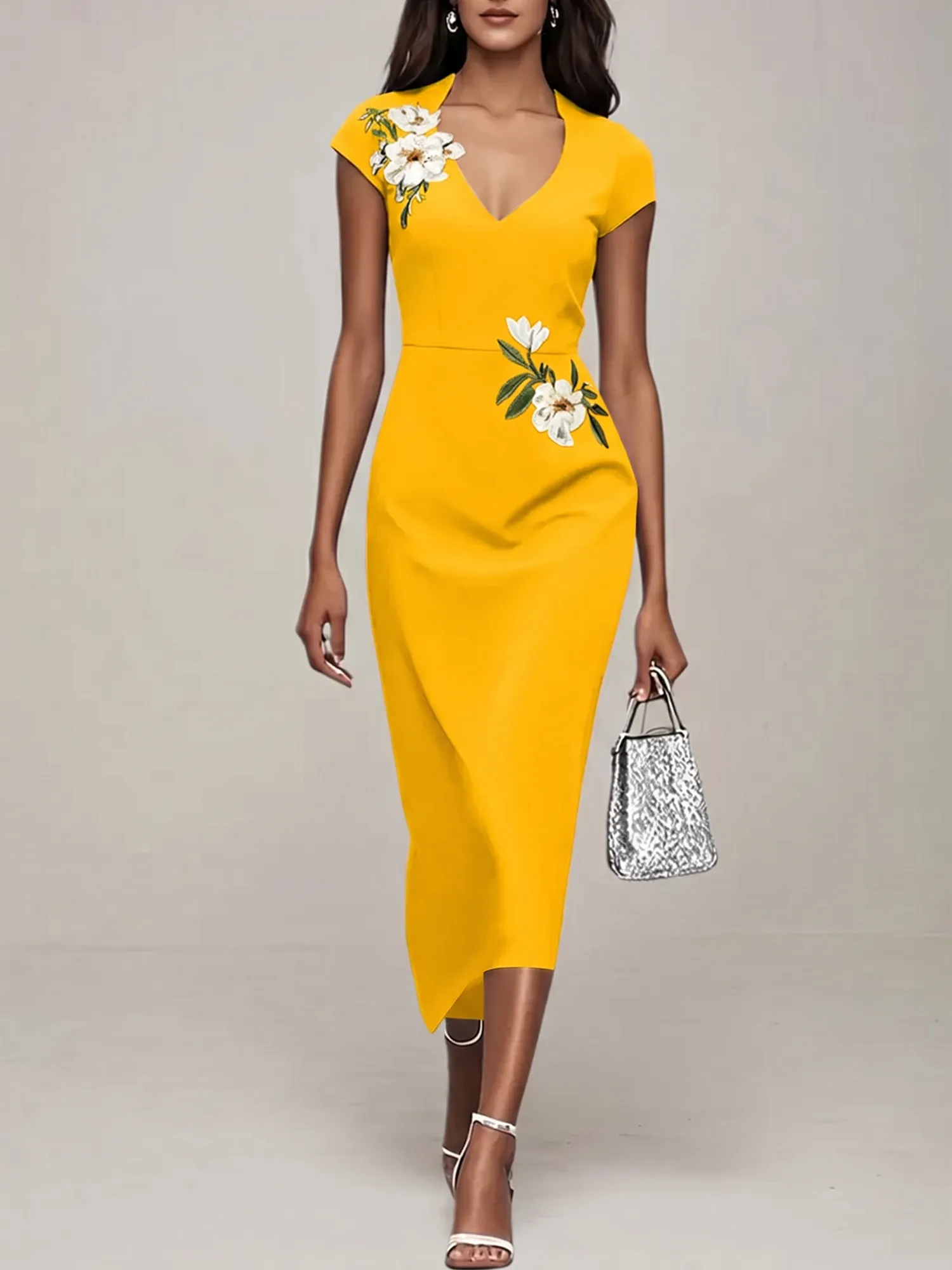 V-Neck Cap Sleeve Floral Embroidered Sheath Evening Dress