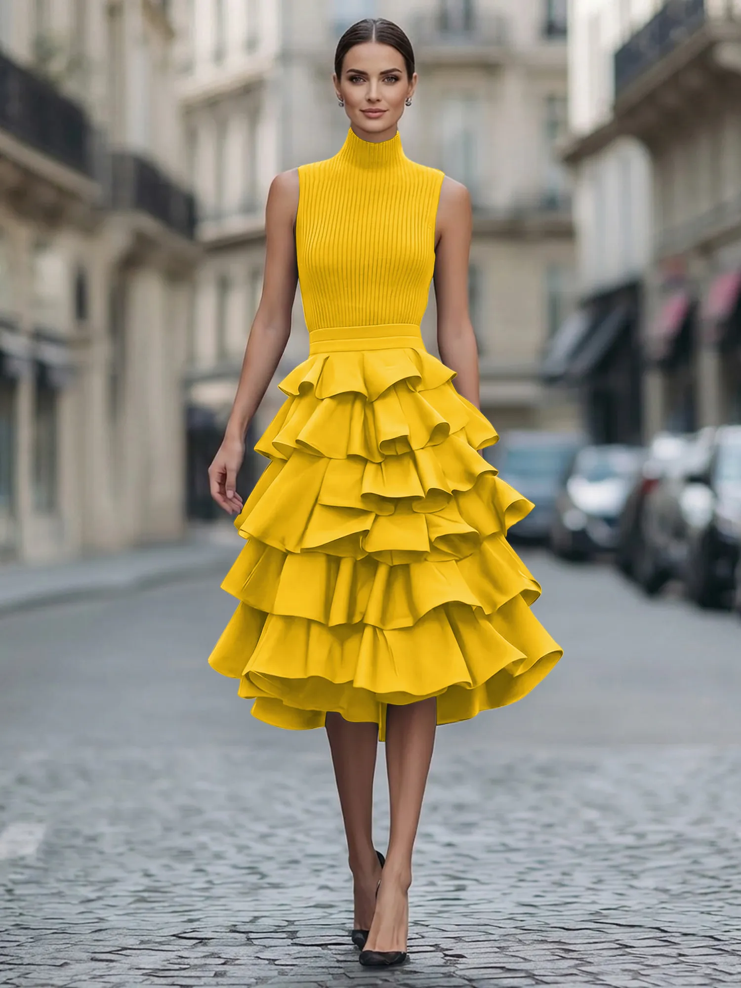 A Line High-Neck Pleated Tiered Evening Dress Maxi Dress