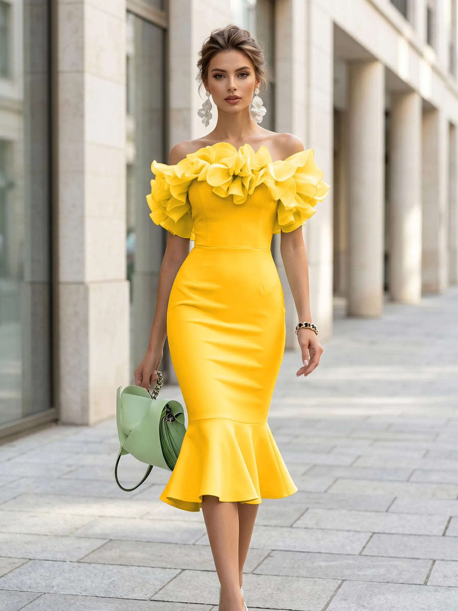Off-the-Shoulder Ruffle Midi Midi Cocktail Dress Evening Dress