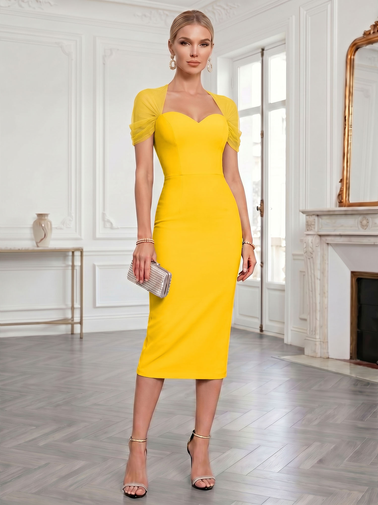 Sophisticated Black Mesh-Draped Sweetheart Midi Evening Gown