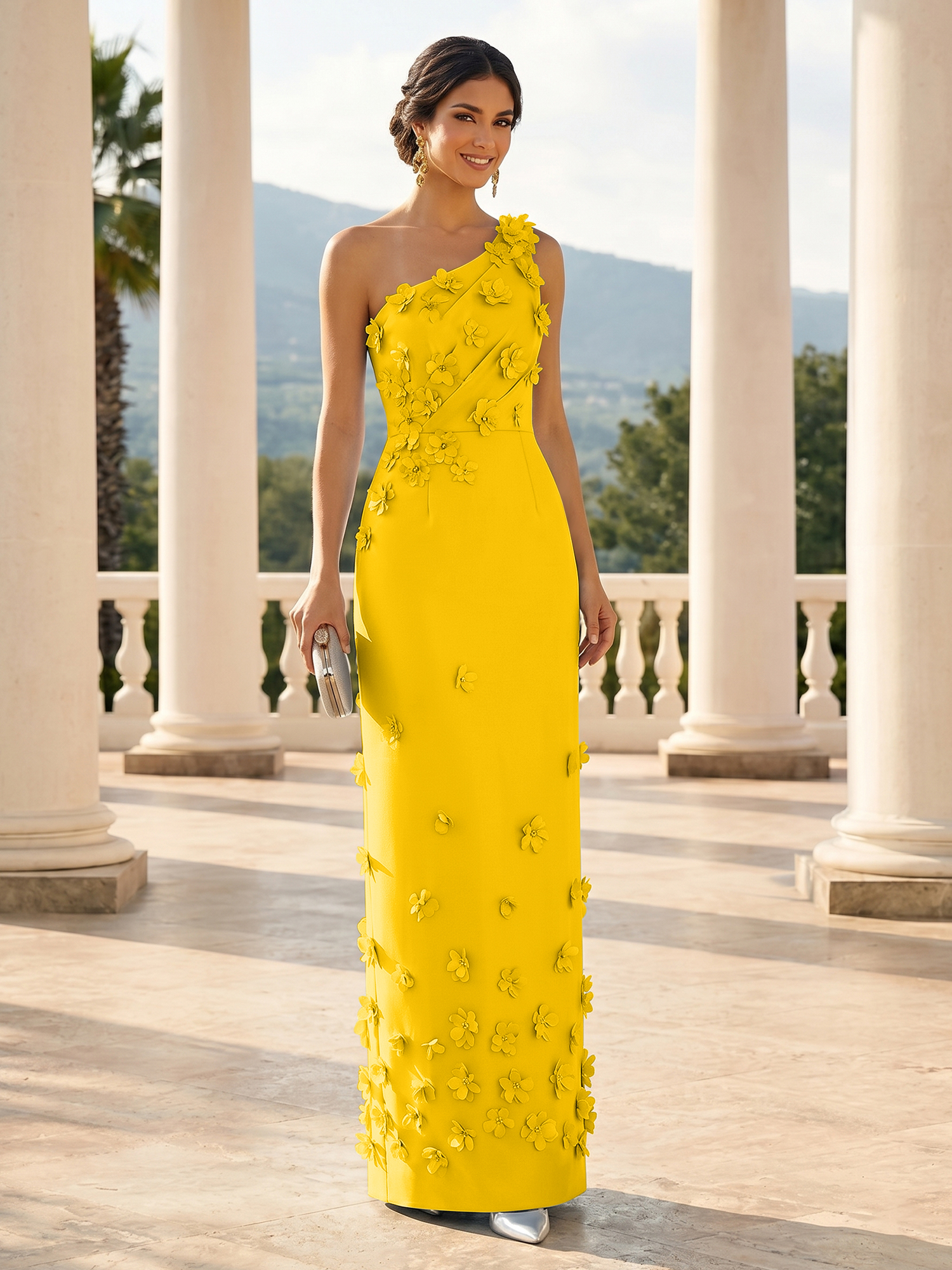 Enchanting Sky Blue One-Shoulder Evening Dress with 3D Floral Appliqués