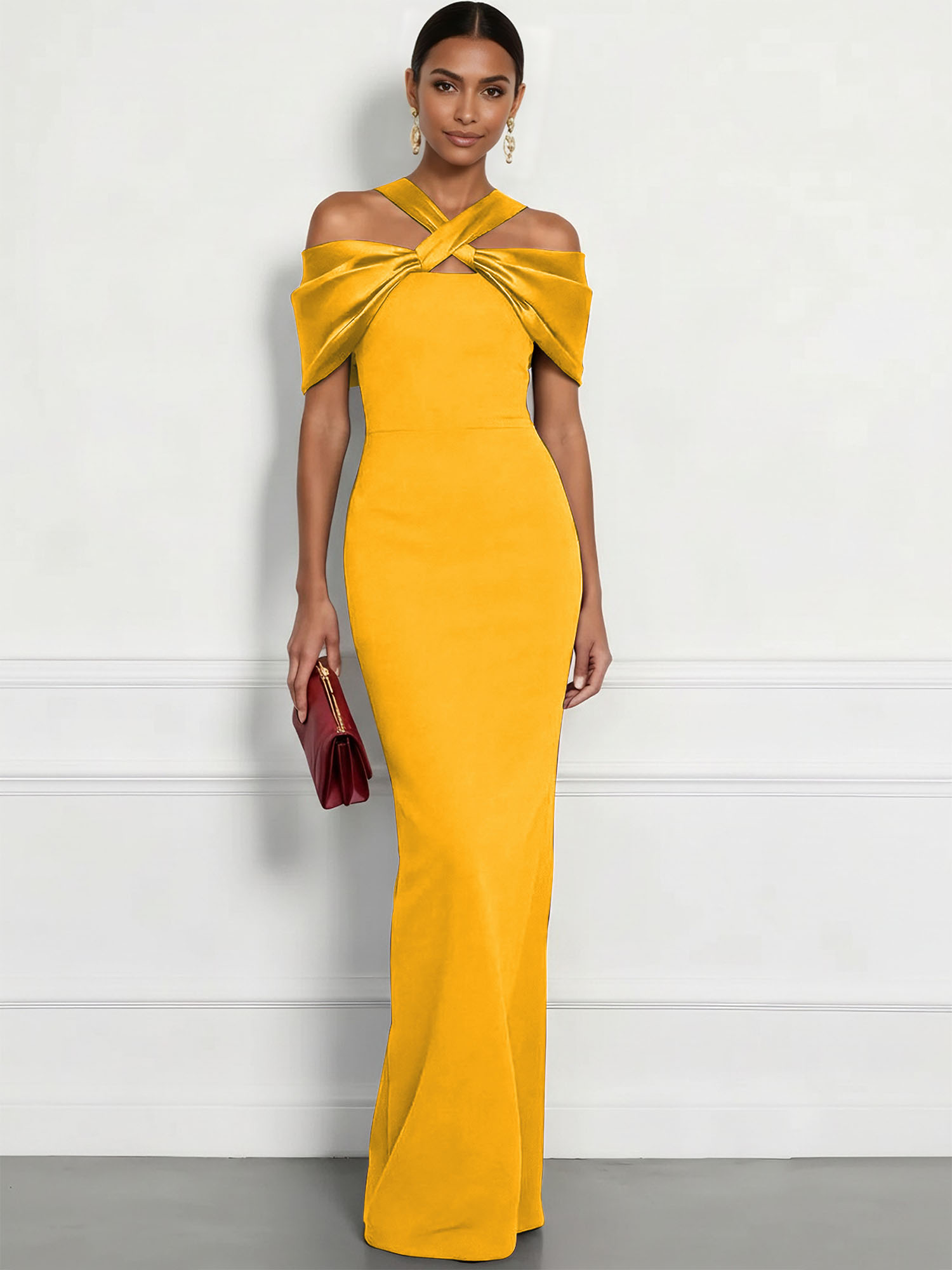  Regal Plum Crepe Column Gown with Satin Criss-Cross Halter Maxi Dress