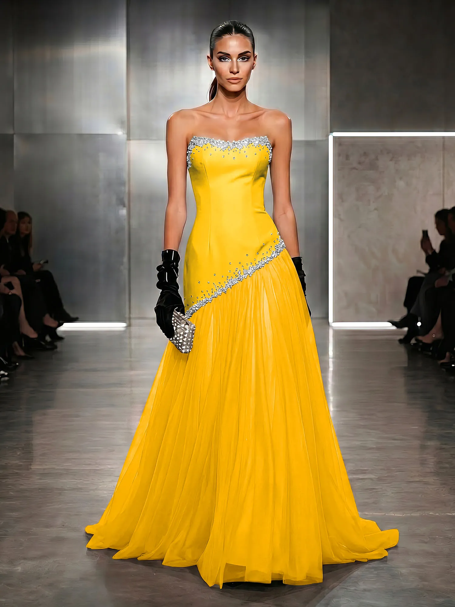 Strapless Tulle Beaded Corset Evening Gown Maxi Dress