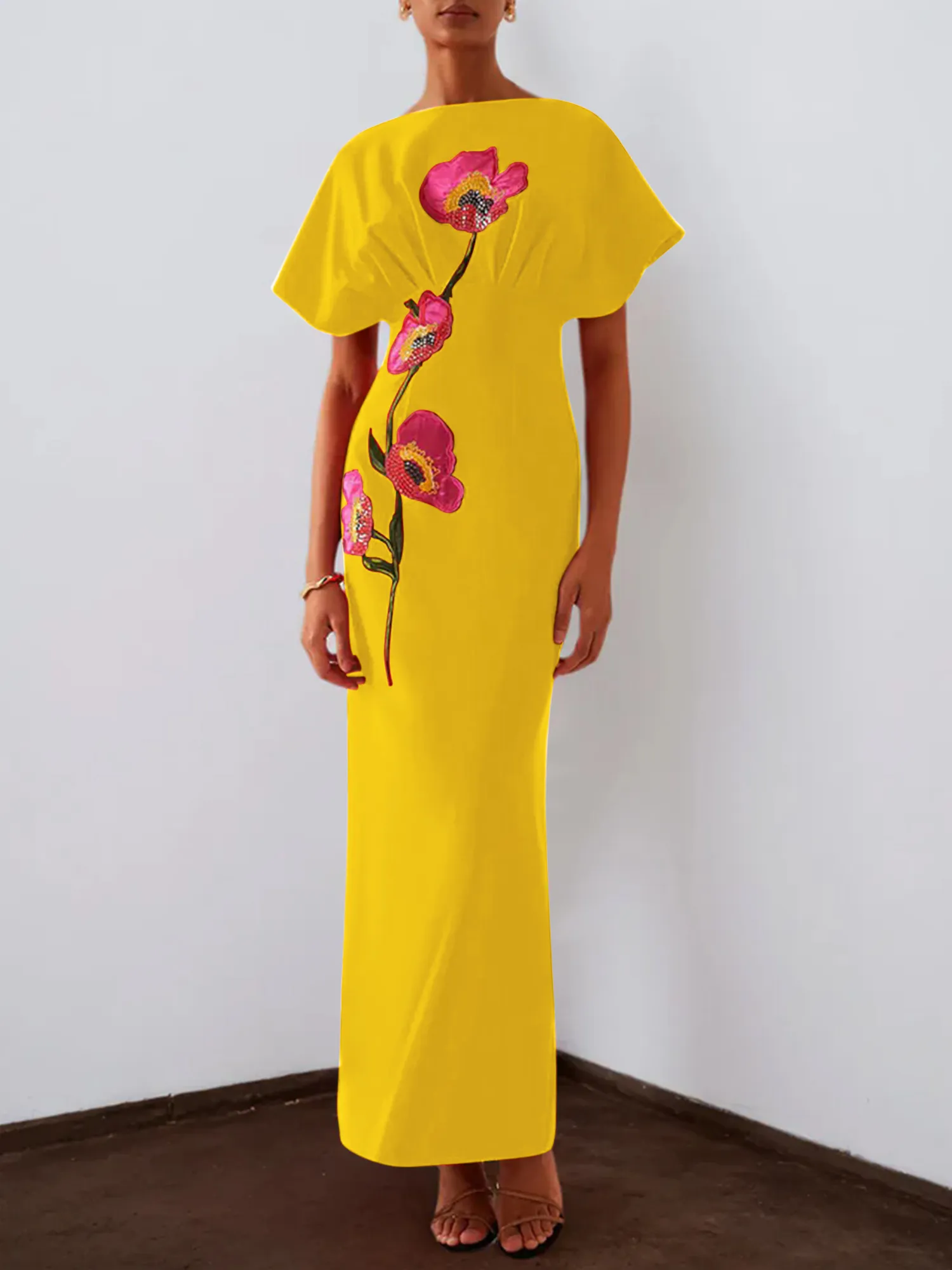 Floral Embroidered Boat Neck Batwing Sleeve Column Evening Gown