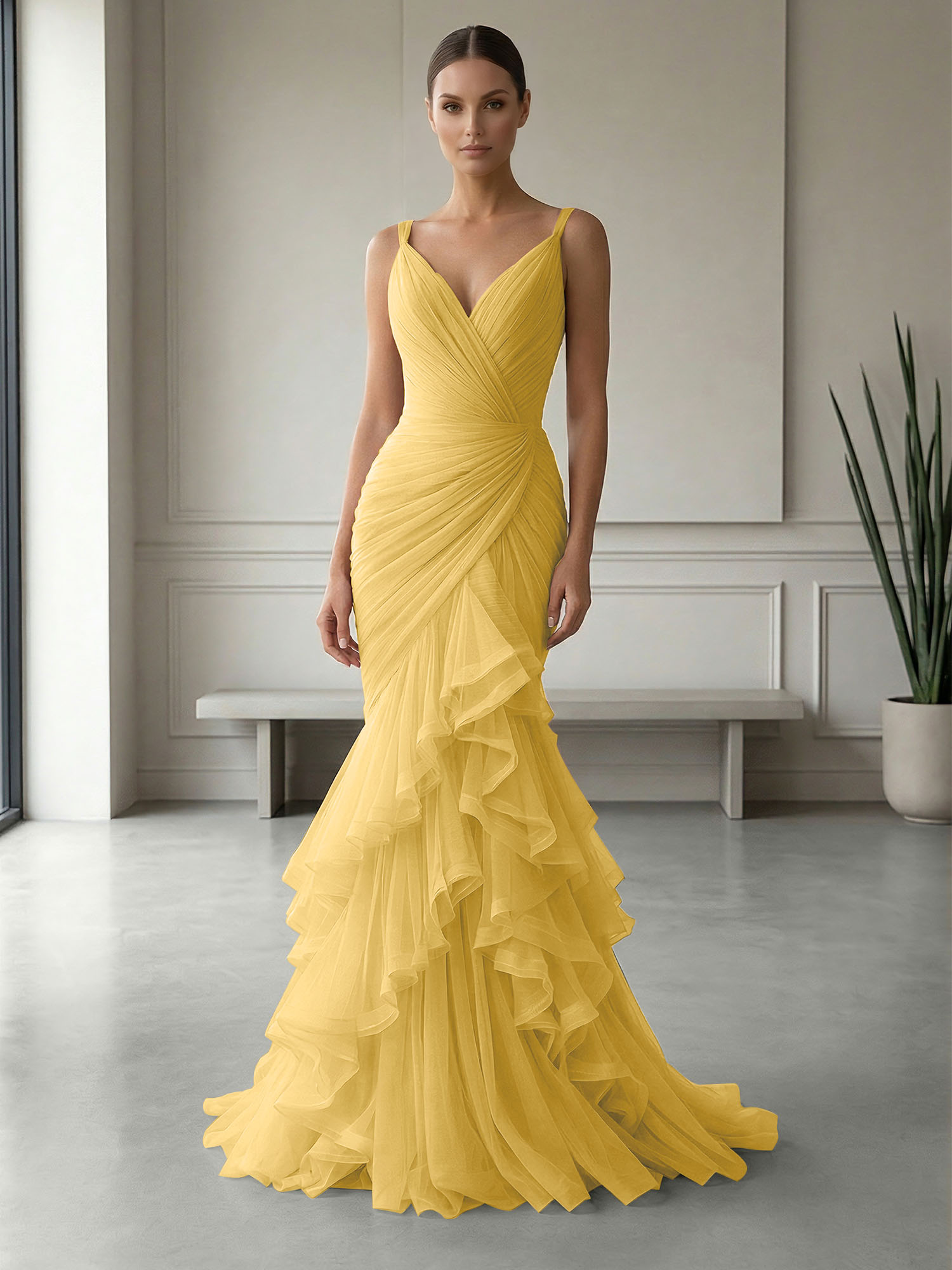Mauve Folds Tulle Strapless Sleeveless Mermaid Gown Dress