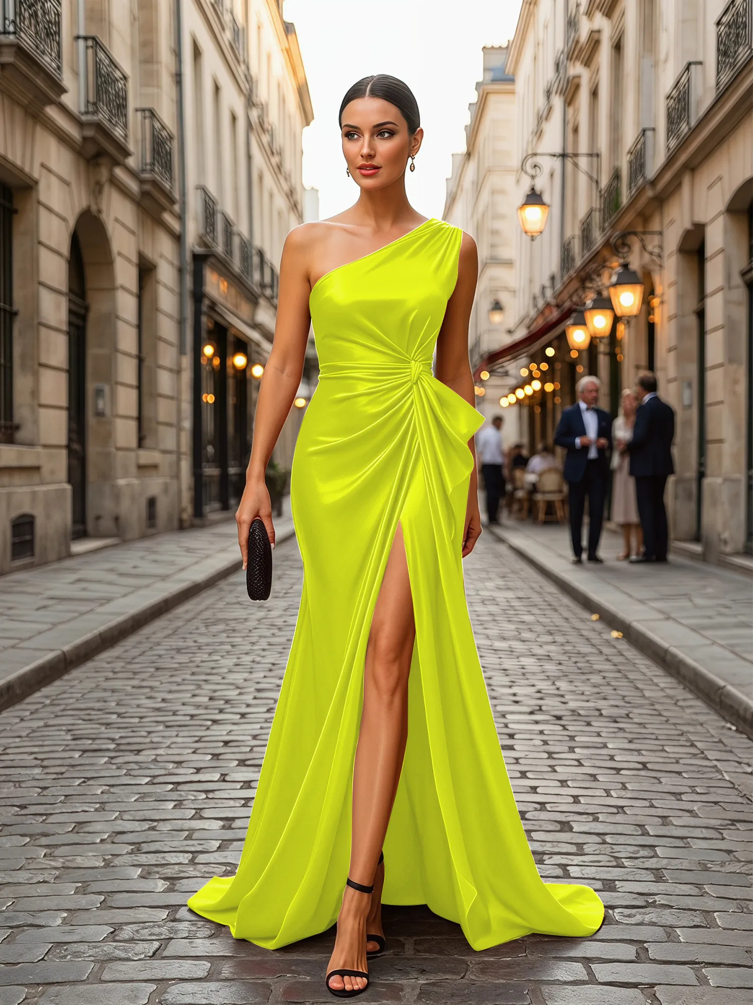 One-Shoulder Satin Gown with Waist Knot and Slit