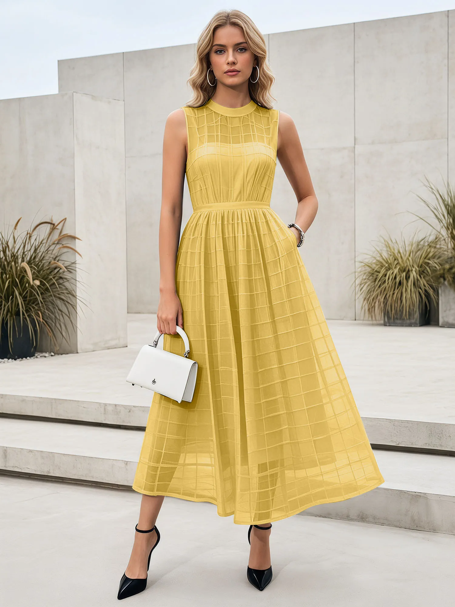 Sleeveless Grid Mesh A-Line Midi Evening Dress