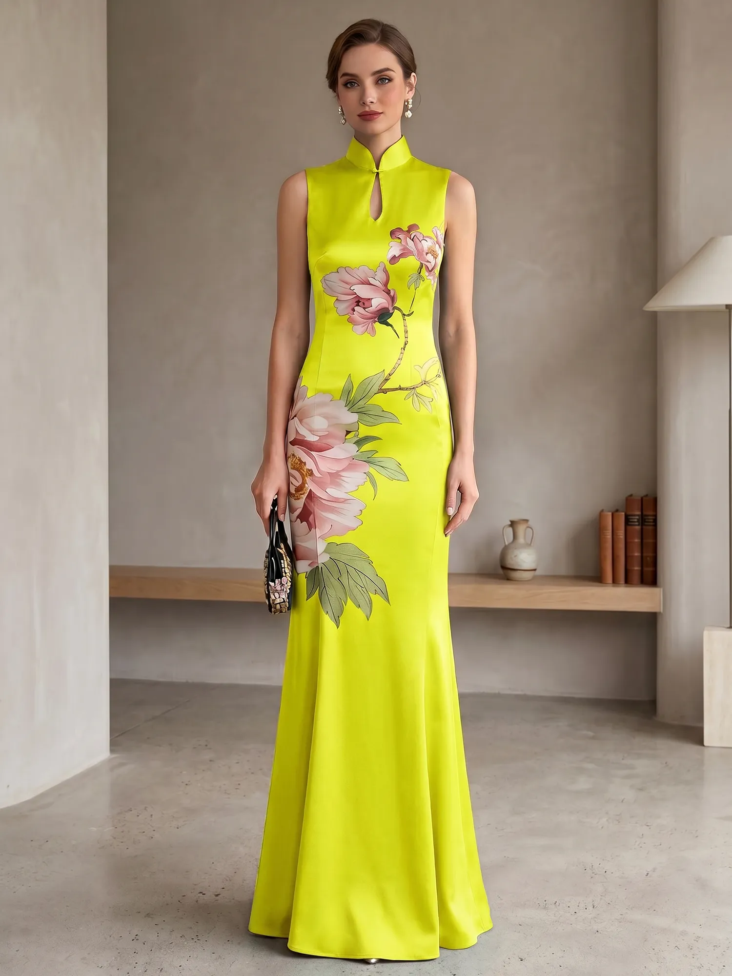 Satin Qipao-Inspired Floral Mermaid Evening Gown