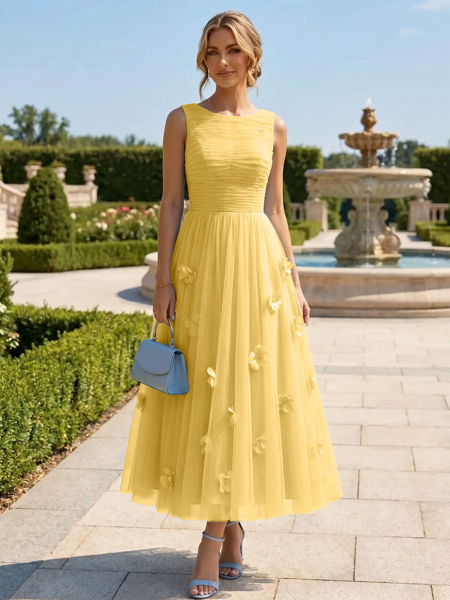 A Line Sleeveless Tulle Midi Dress with 3D Floral Appliqués