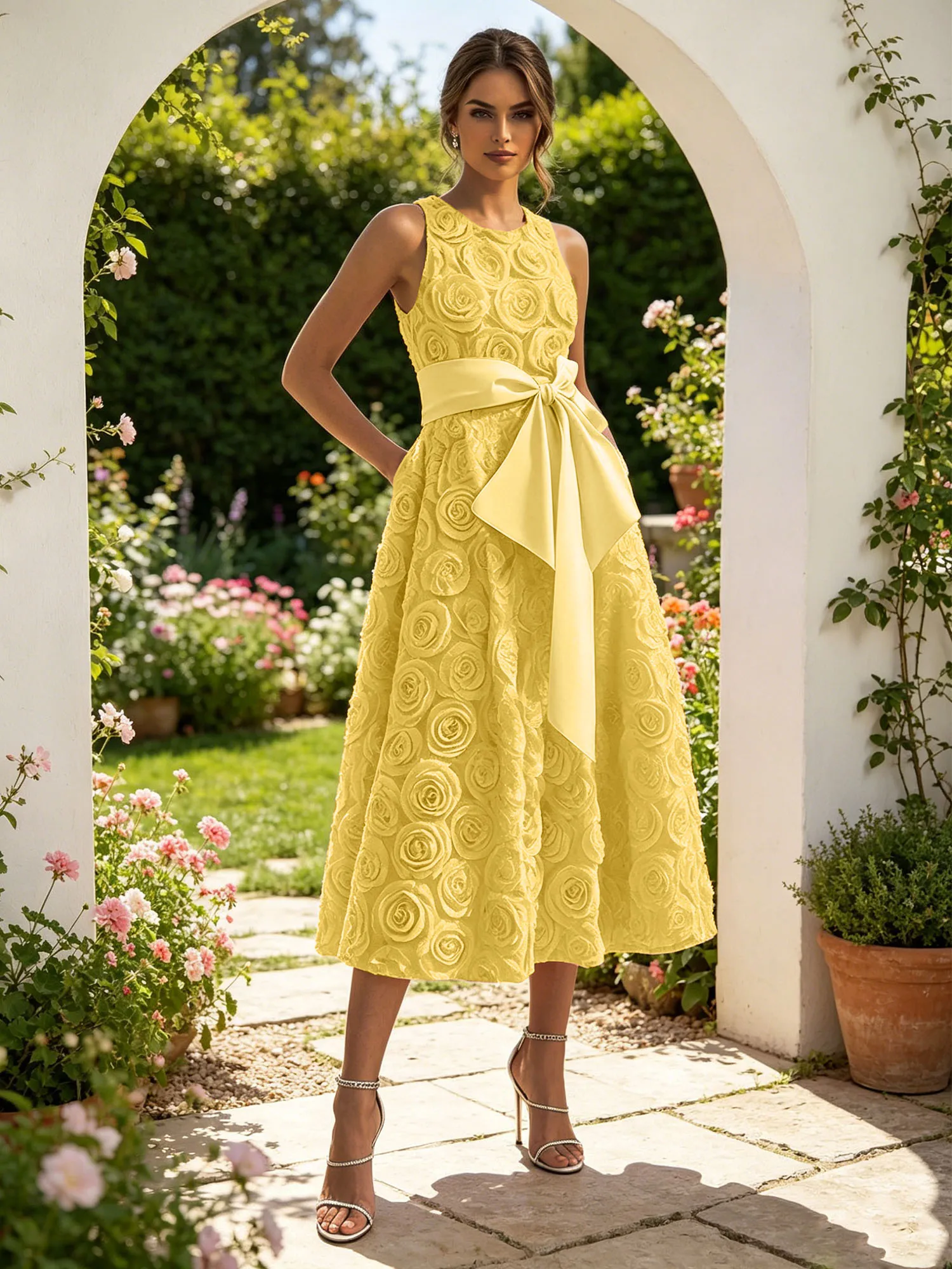 Sleeveless 3D Rose Midi Evening Dress with Satin Bow Sash