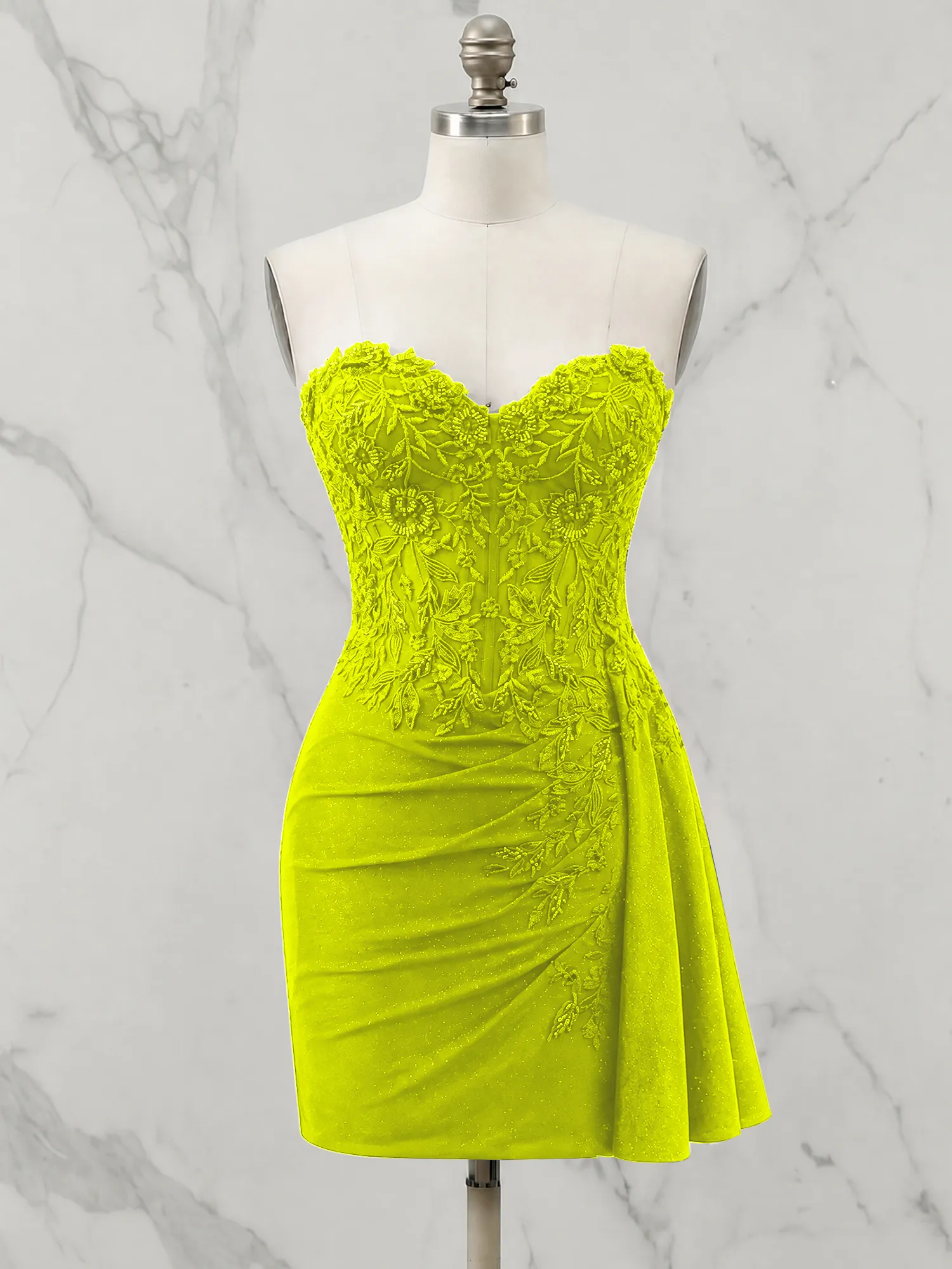 Strapless Lace Appliqué Glitter Homecoming Dress with Side Drape