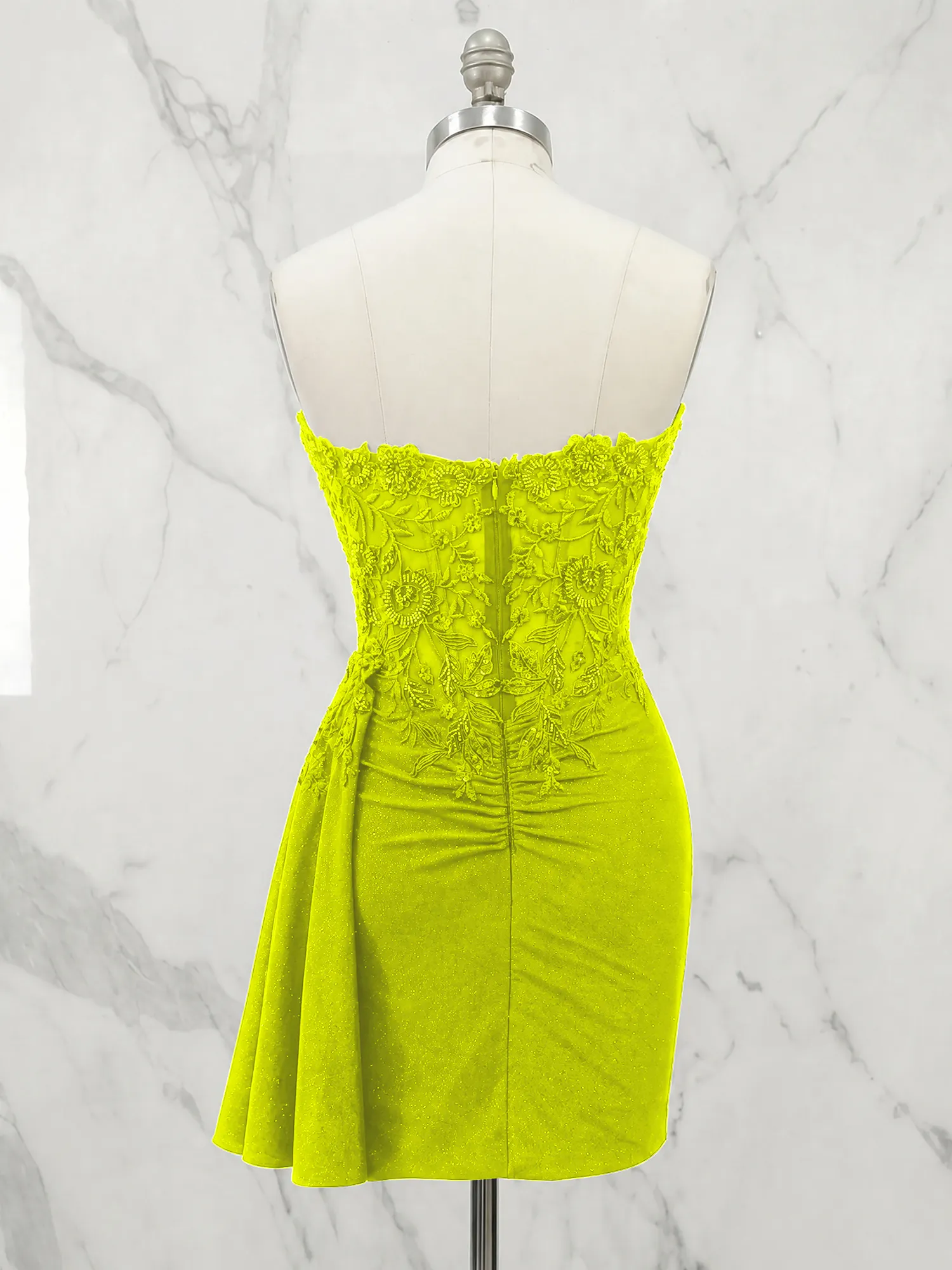 Strapless Lace Appliqué Glitter Homecoming Dress with Side Drape