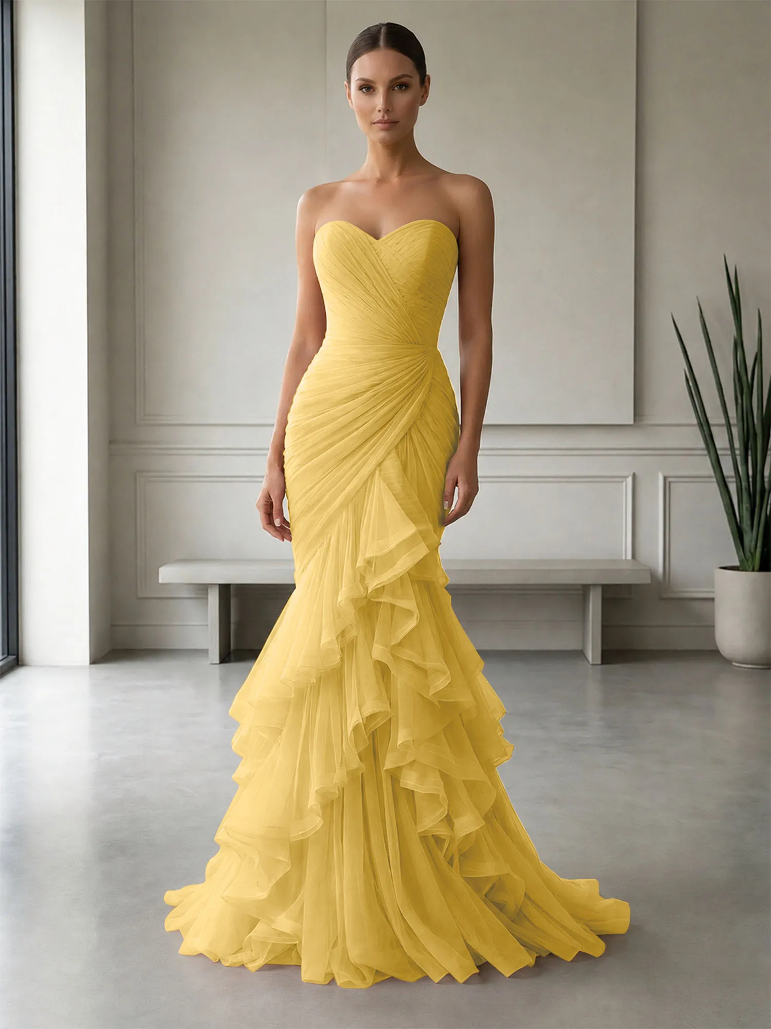 Strapless Ruched Tulle Mermaid Evening Gown Maxi Dress