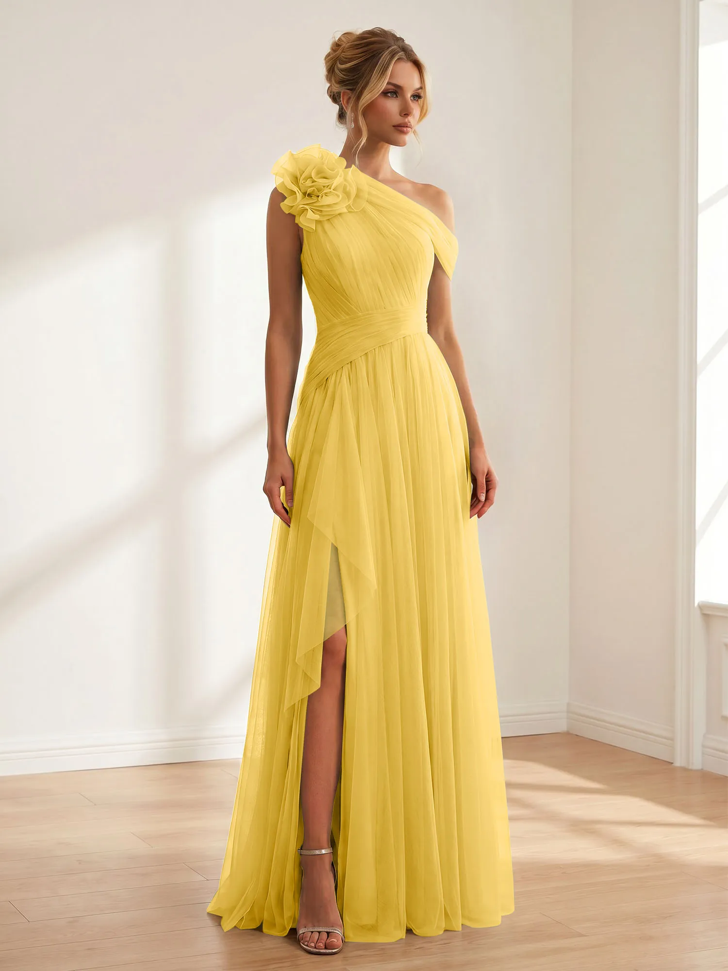 One-Shoulder Tulle Evening Gown with Floral Accent