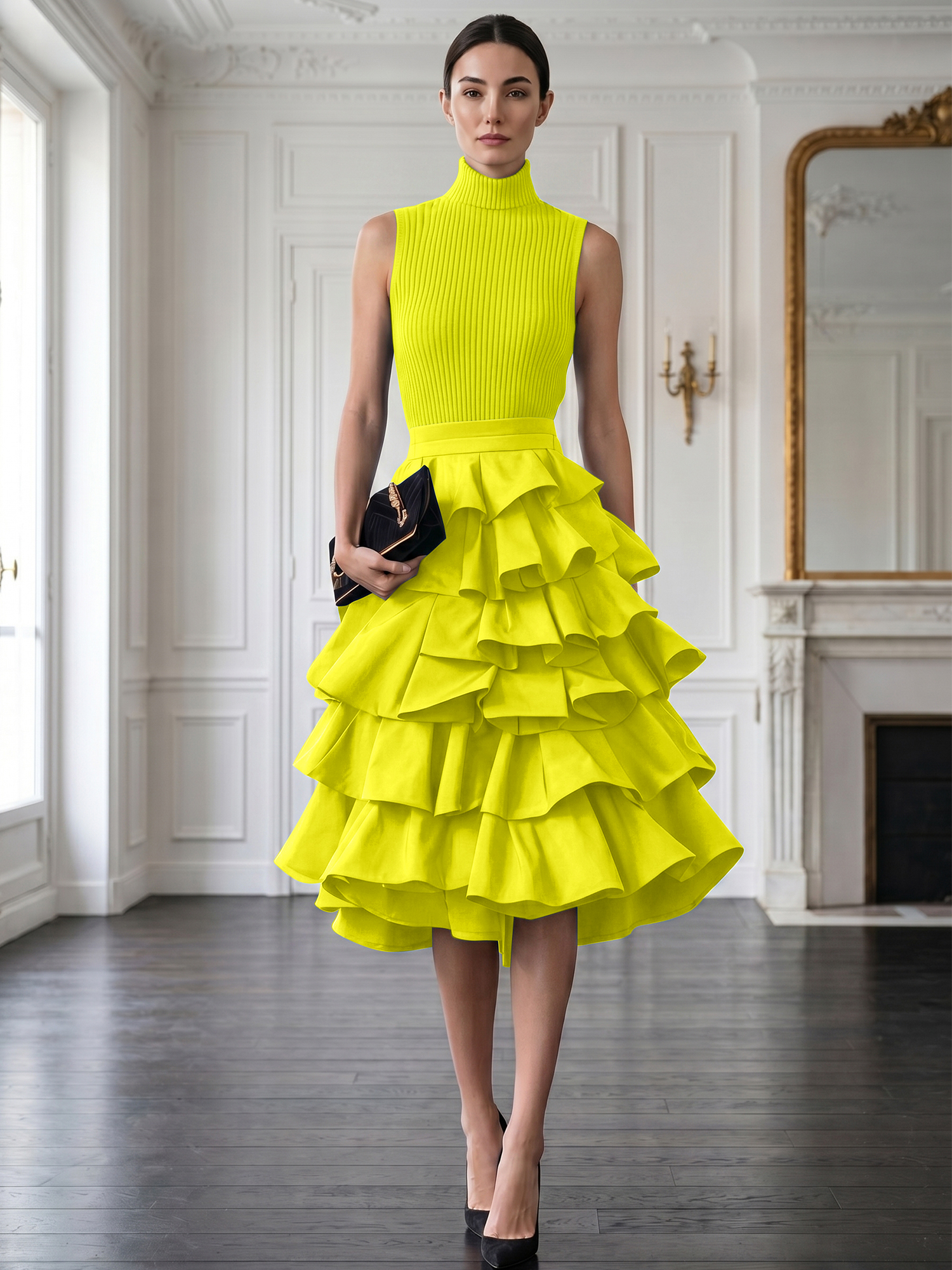 Avant-Garde Black High-Neck Tiered Ruffled Evening Gown