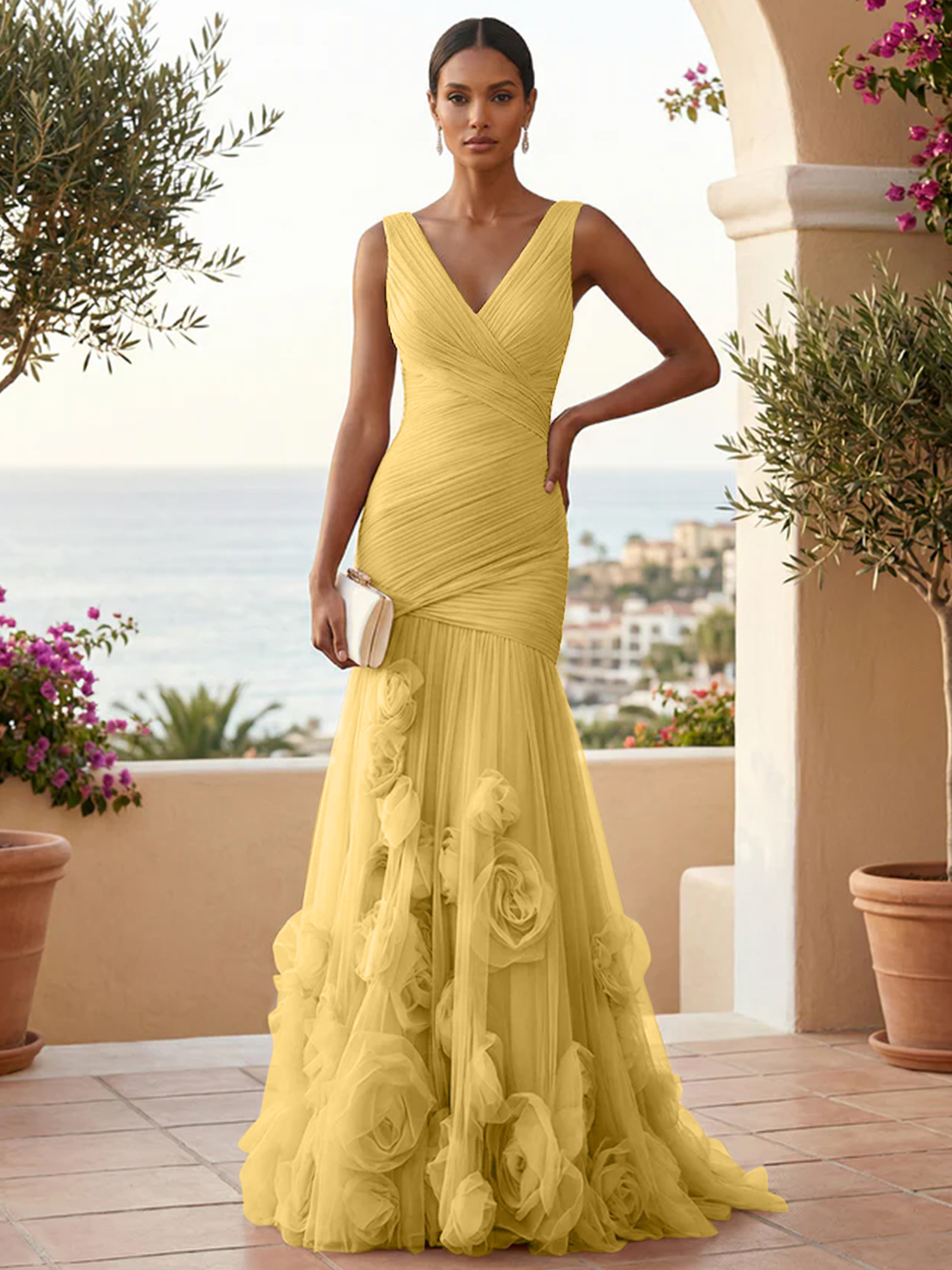 Sweetheart Tulle V Neck Pleat Mermaid Evening Dresses with 3D Flower