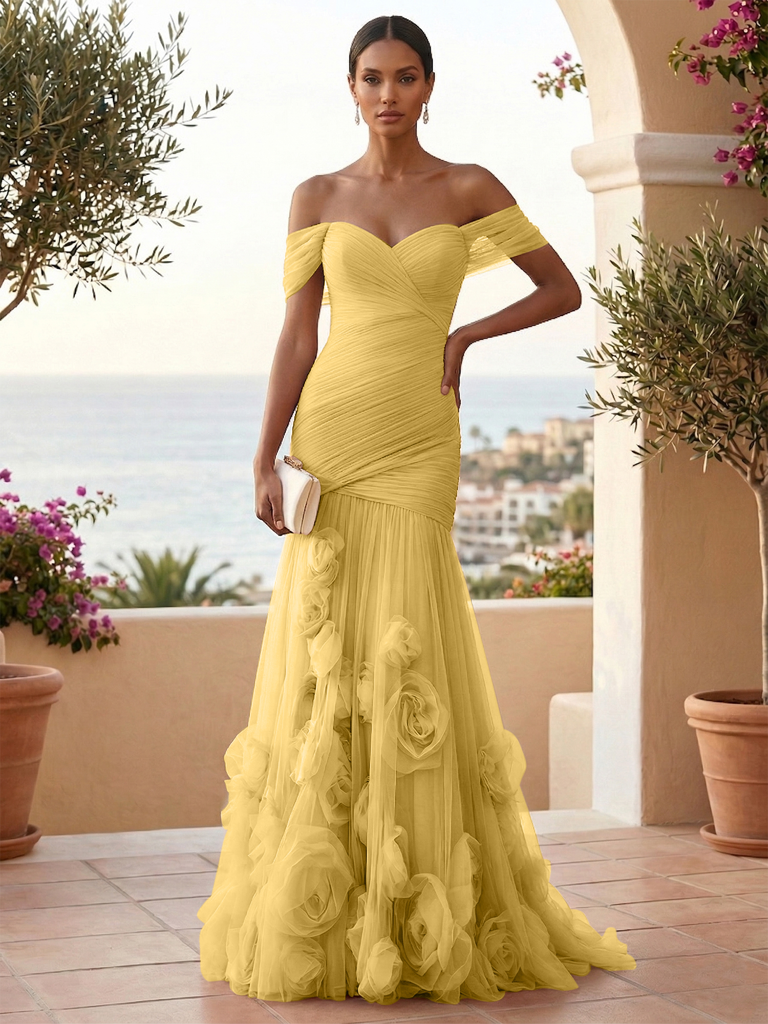 Sweetheart Tulle Off the Shoulder Pleat Mermaid Evening Dresses with 3D Flower