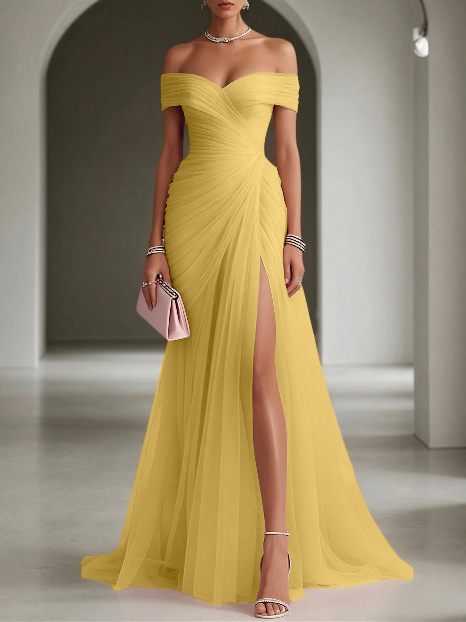 Blush Ruched Slit Tulle Off the Shoulder Sleeveless Sheath Gown Dress