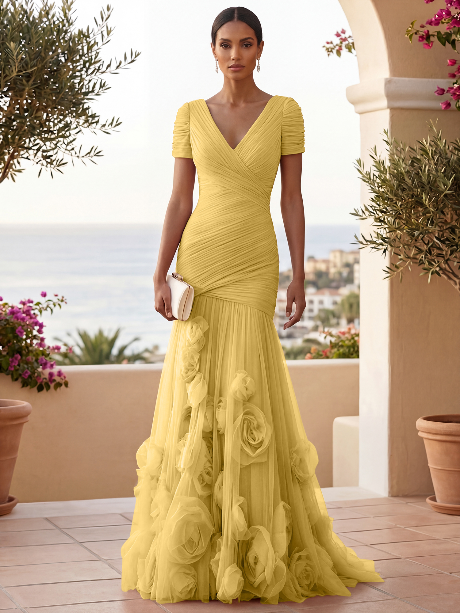 Sweetheart Tulle Short Sleeves Pleat Mermaid Evening Dresses with 3D Flower