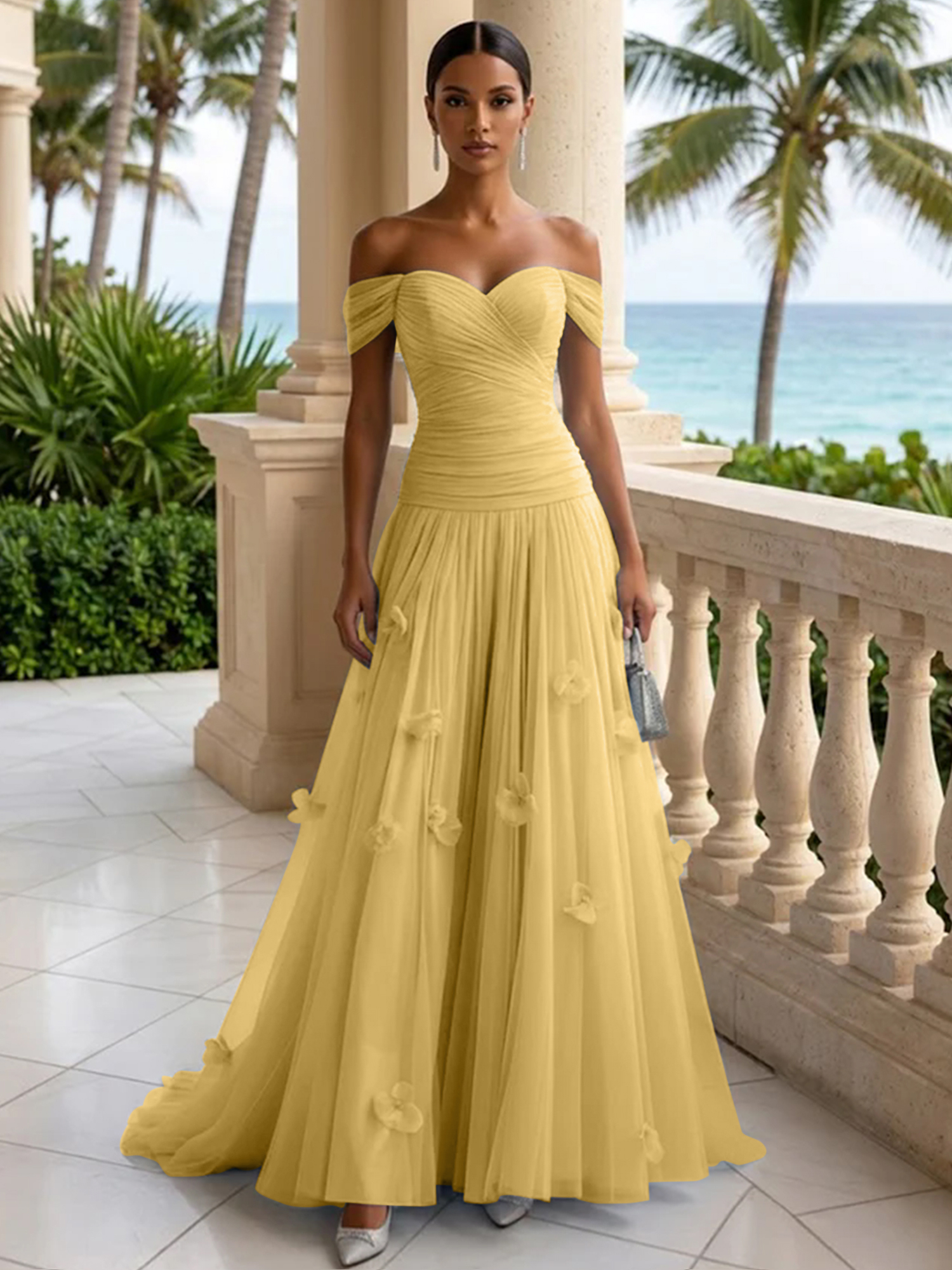 Elegant Off-the-Shoulder Ruched Tulle A-Line Evening Gown with 3D Floral Appliqués