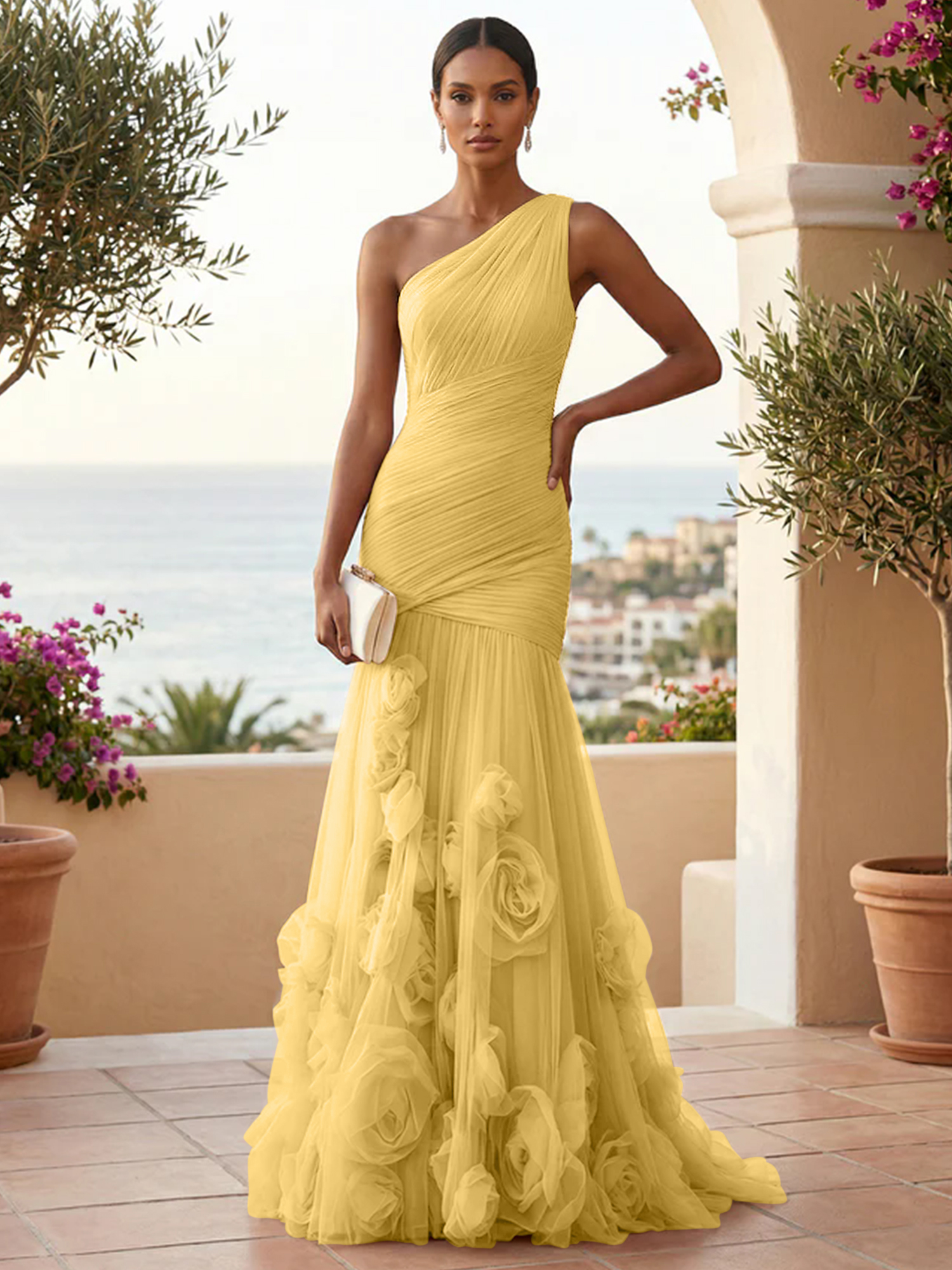 Sweetheart Tulle Pleat One Shoulder Mermaid Evening Dresses Gown with 3D Flower