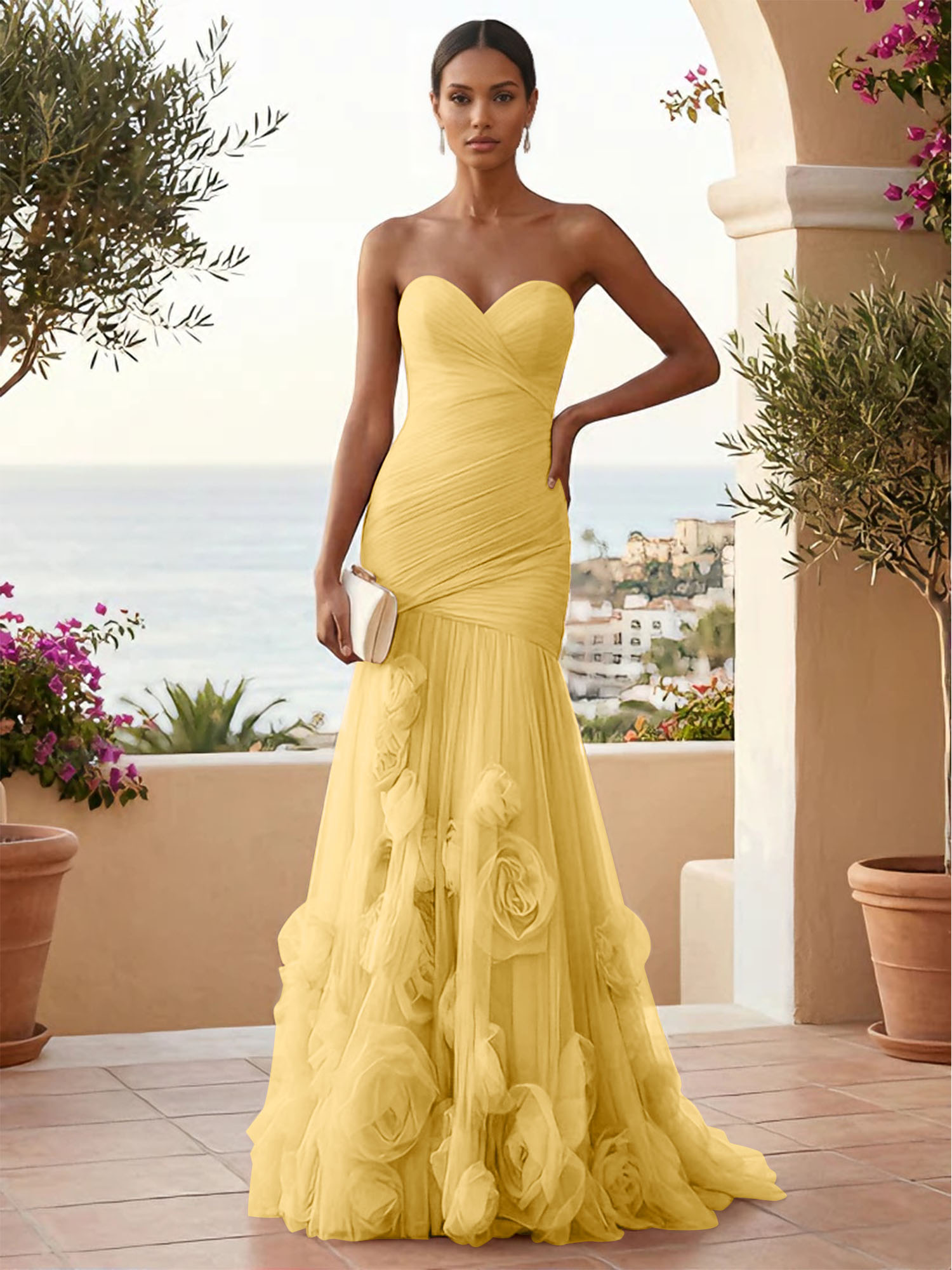 Sweetheart Tulle Pleat Mermaid Evening Dresses with 3D Flower